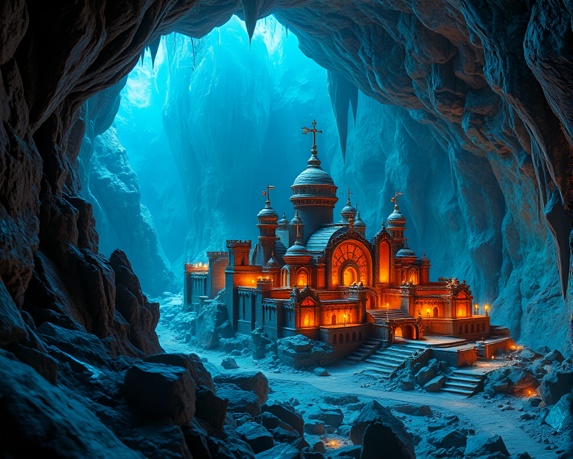 Glowing Crystals Illuminate Rustic 3D Model of Ancient City – free AI stock image