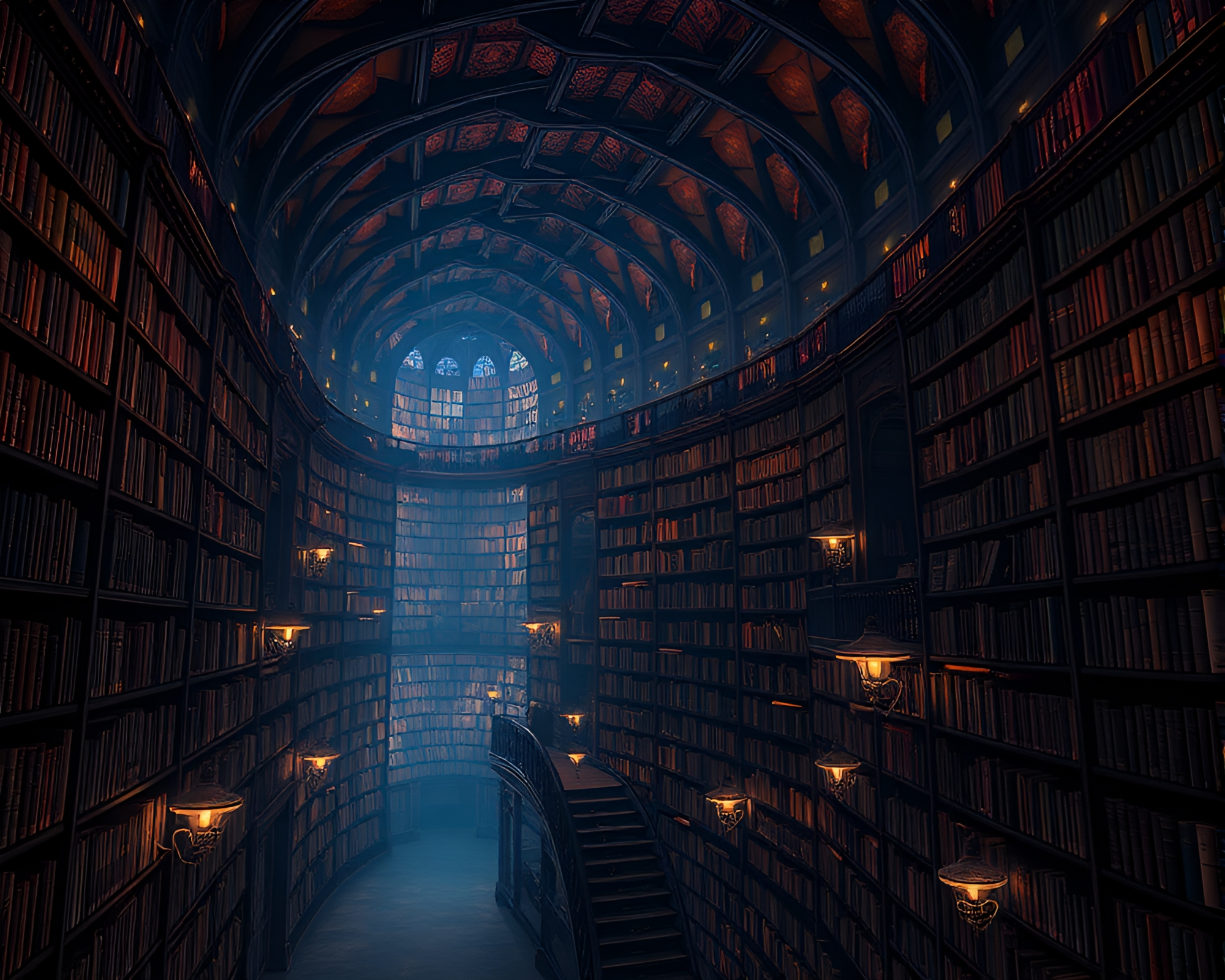 Enigmatic Twilight Library Labyrinth Illuminated in Soft Glow – free AI stock image