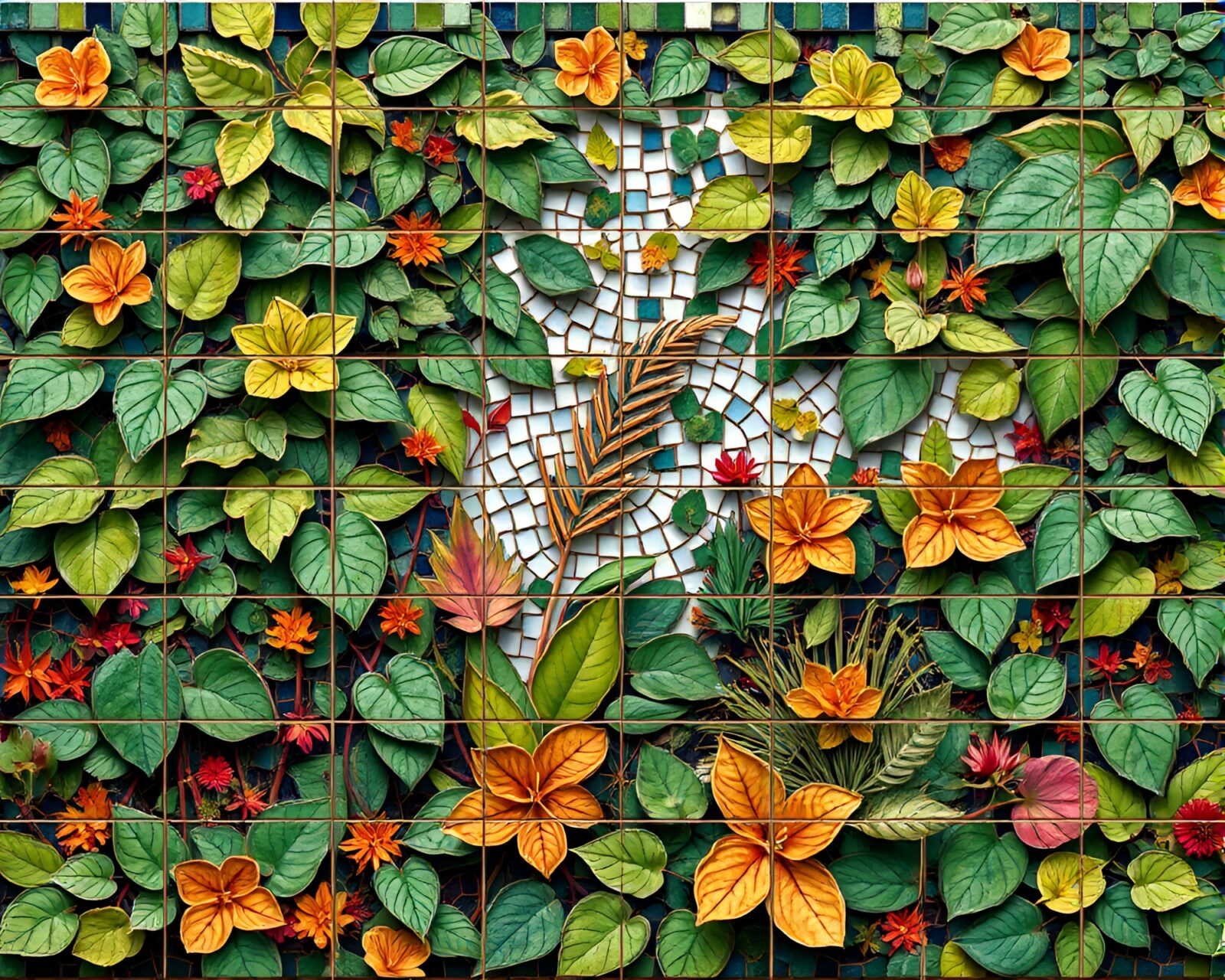 Beautiful mosaic tile artwork showcasing botanical overgrowth in vibrant colors