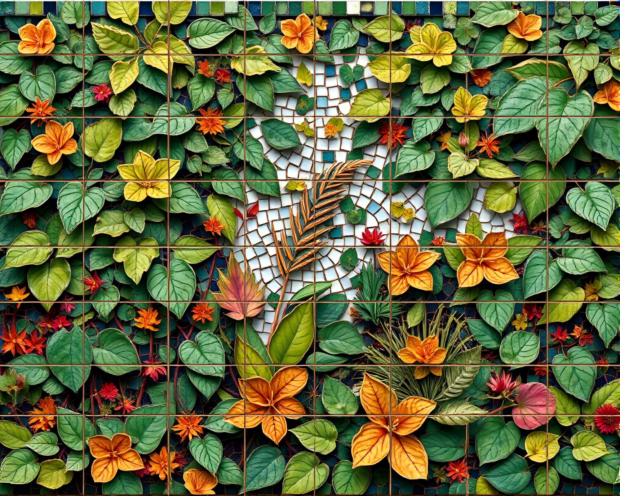 Intricate Botanical Mosaic Tile Artwork with Vibrant Colors – free AI stock image