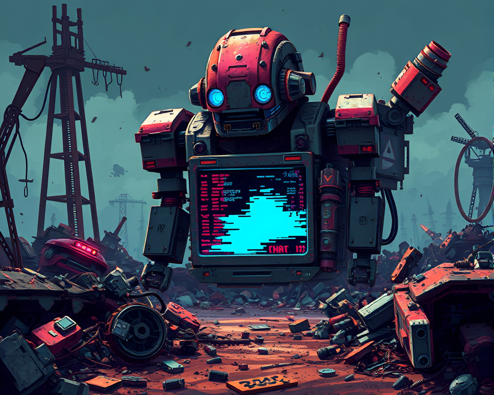 Vibrant 8-Bit Glitch Art in Ruined Robotic Junkyard – free AI stock image