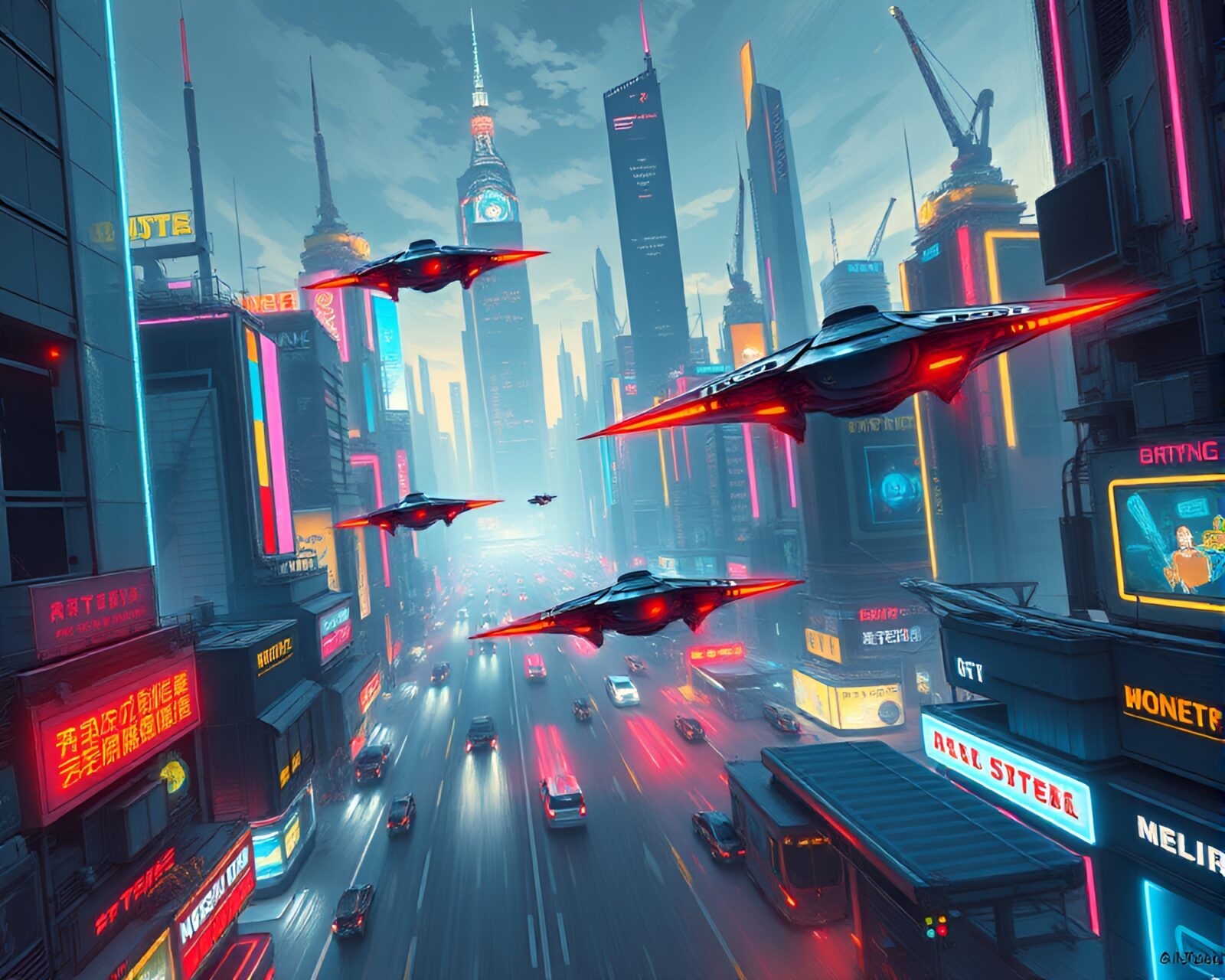 A dazzling cityscape with towering skyscrapers and vibrant neon lights.