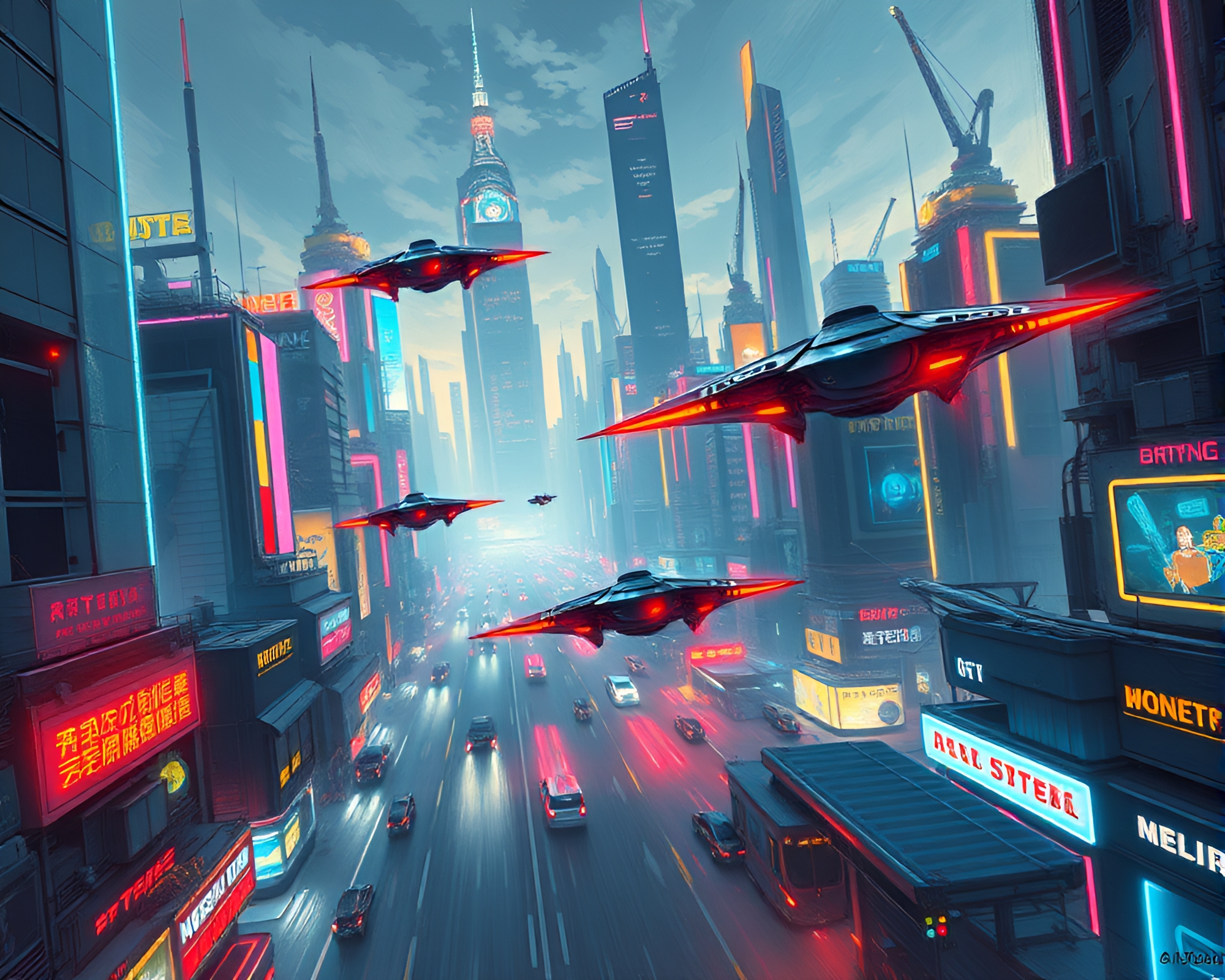 Vibrant Futuristic Cityscape with Neon Lights and Flying Vehicles – free AI stock image