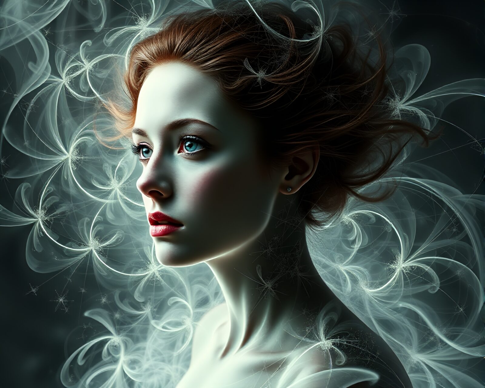 Mysterious woman surrounded by mesmerizing fractal patterns in free image