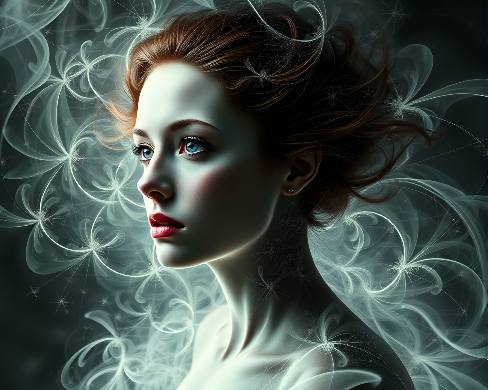 Enigmatic Woman Enveloped in Fractal Geometry Patterns – free AI stock image