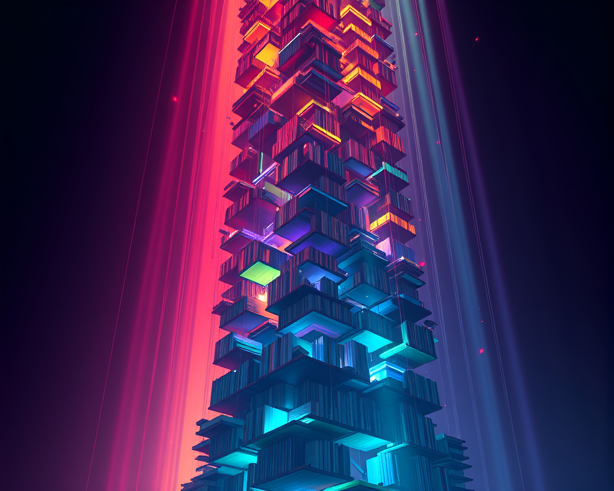Vibrant Pixel Art Structure of Suspended Glowing Books – free AI stock image