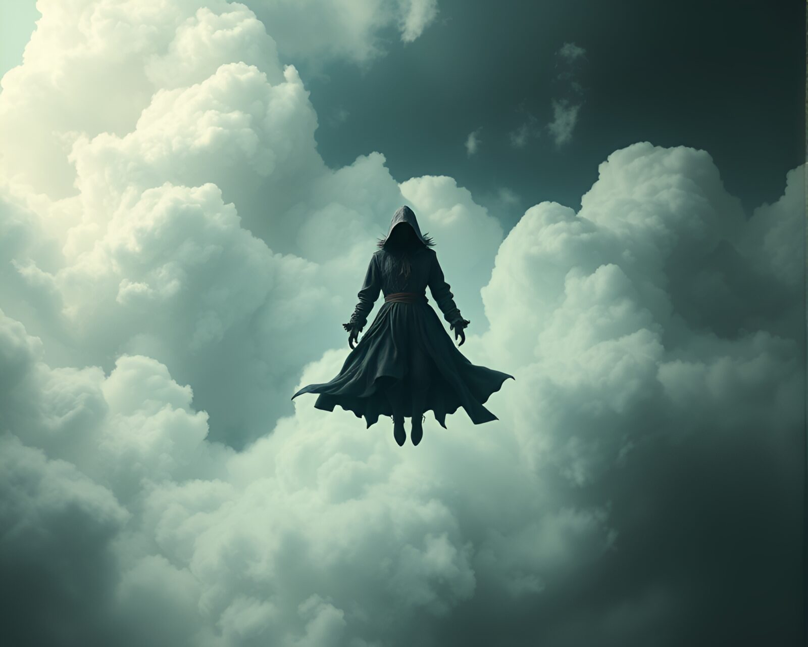 Mysterious figure adorned in eerie fashion floating through ethereal cloudscape