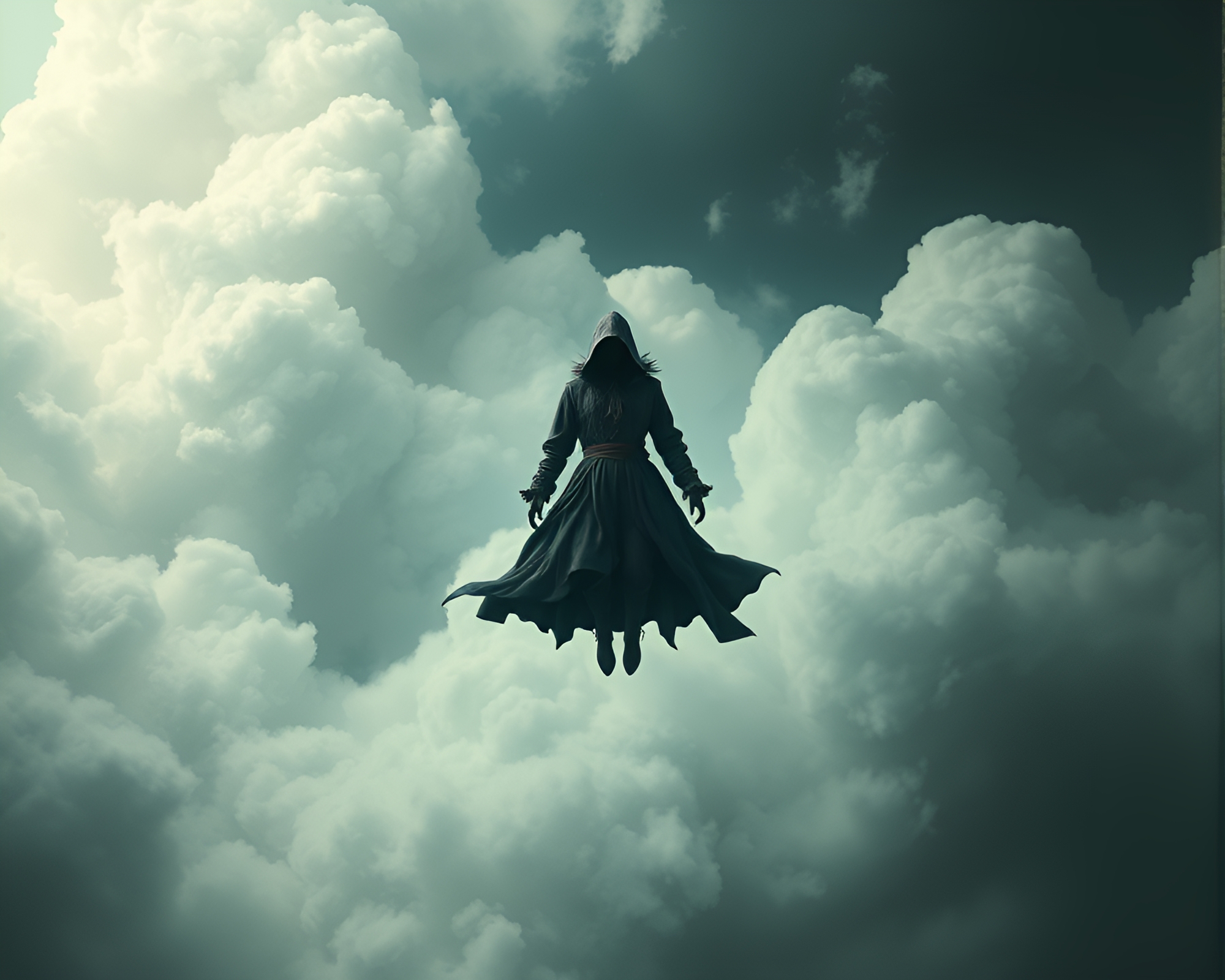 Ethereal Mystery: Figure Floating in Eerie Fashion Cloudscape – free AI stock image