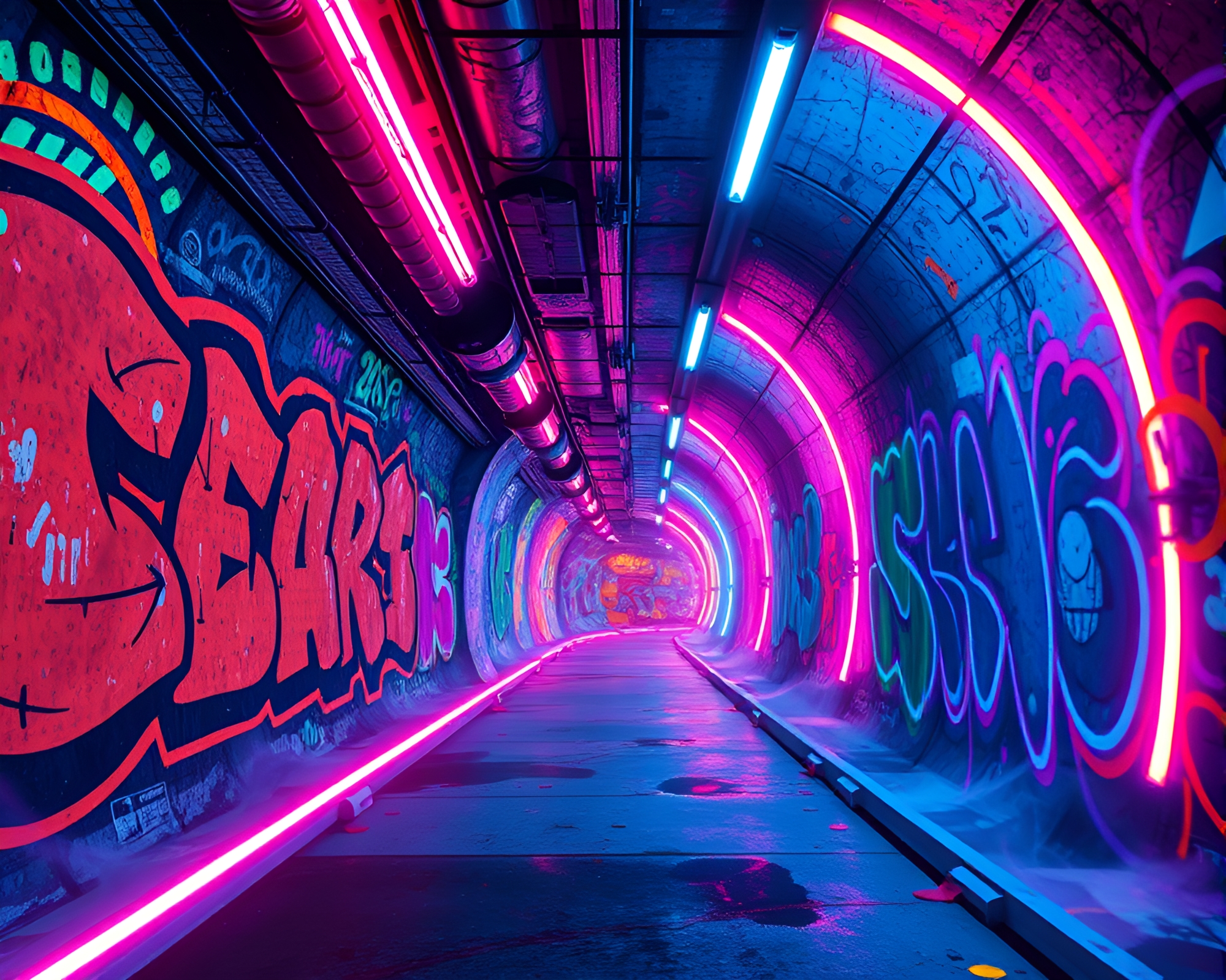 Neon-Lit Graffiti Tunnel Envisions Futuristic Game Concept Art – free AI stock image