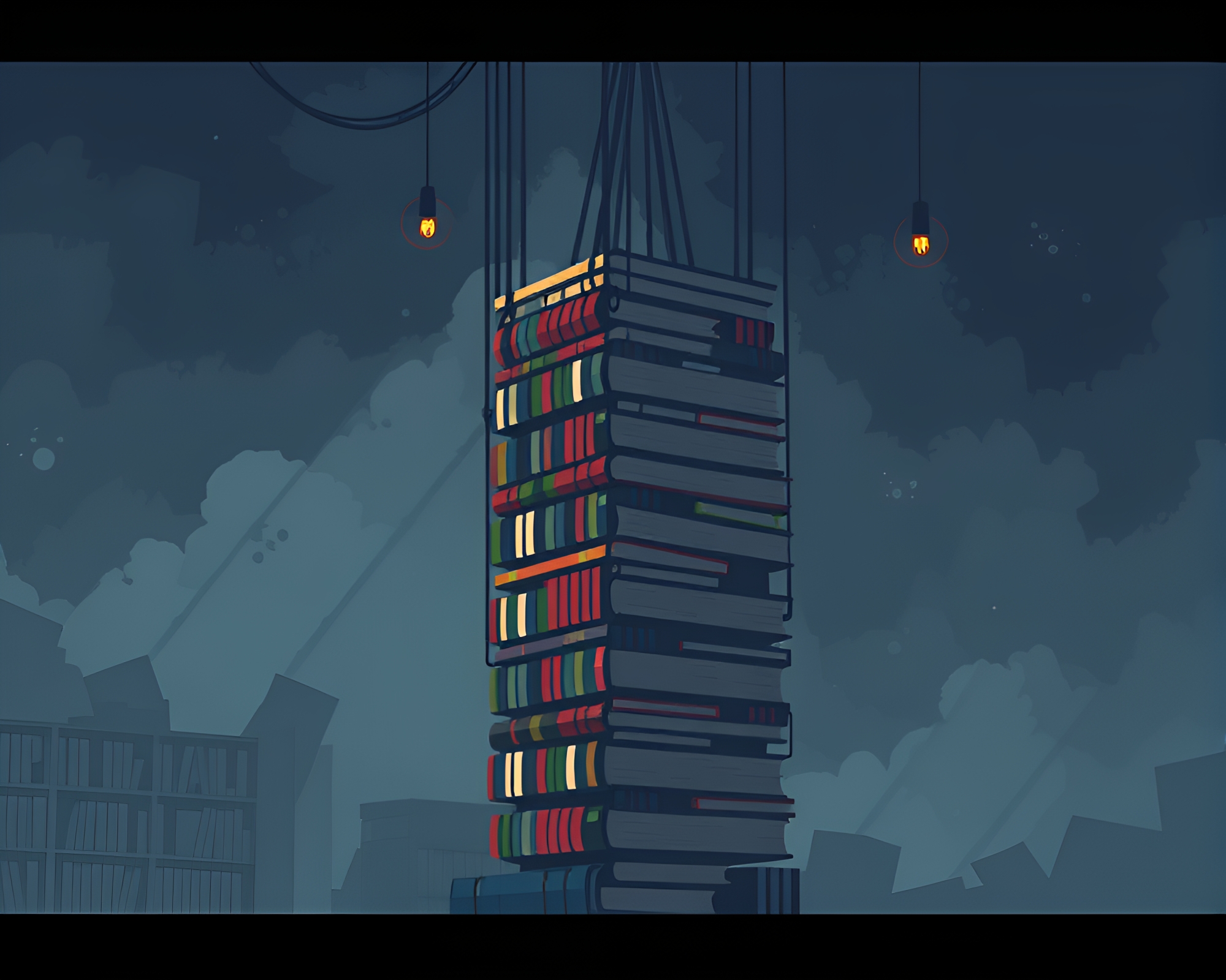 Pixelated Tower of Books: A Melancholic Ambiance – free AI stock image