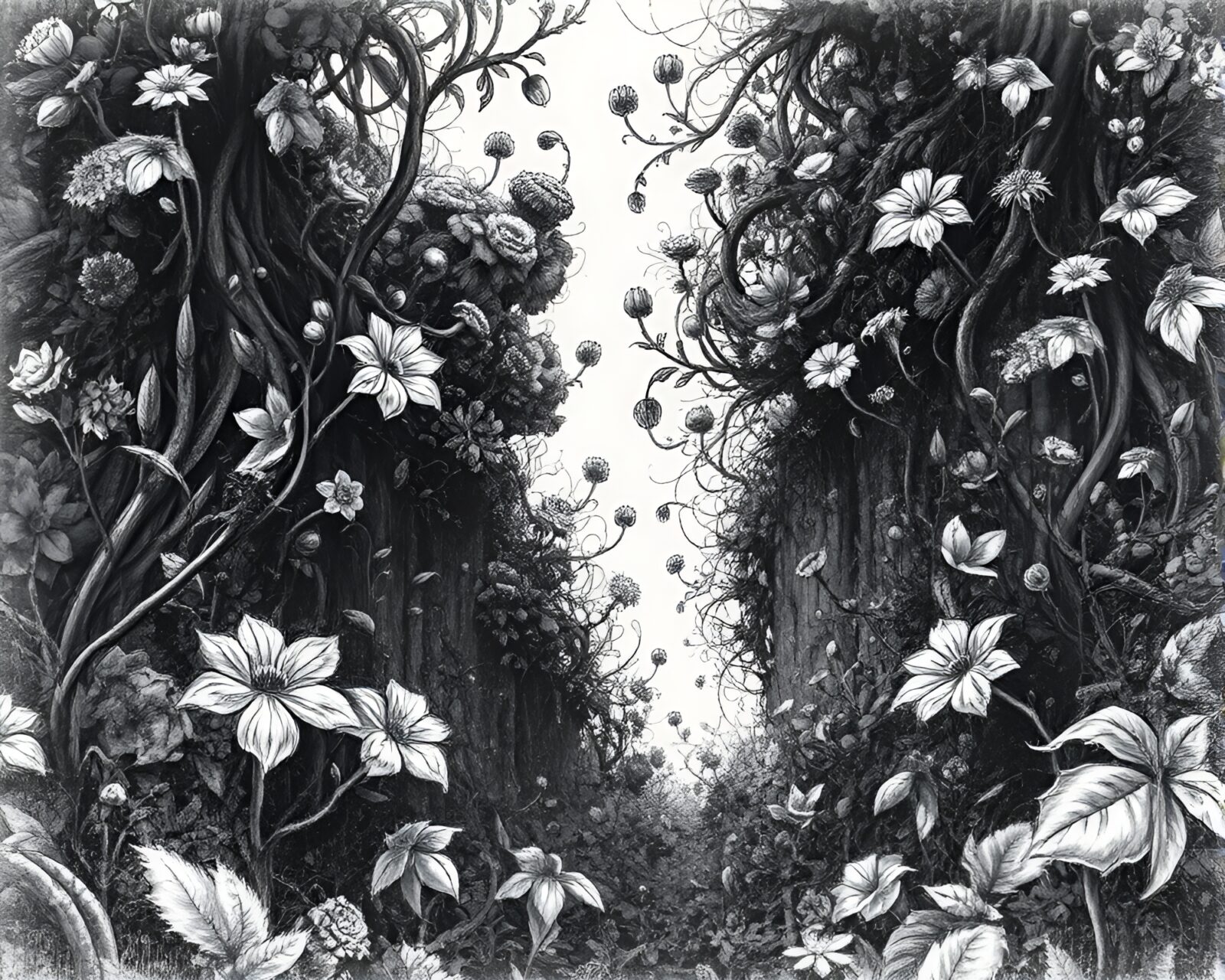 Surreal charcoal sketch showcasing detailed botanical overgrowth scene