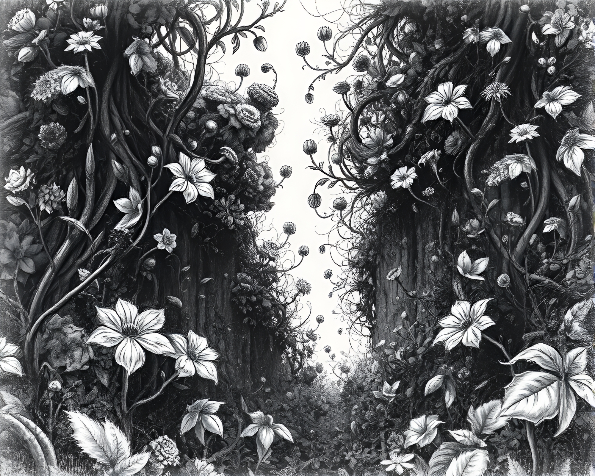 Botanical Overgrowth: A Dreamlike Charcoal Sketch – free AI stock image