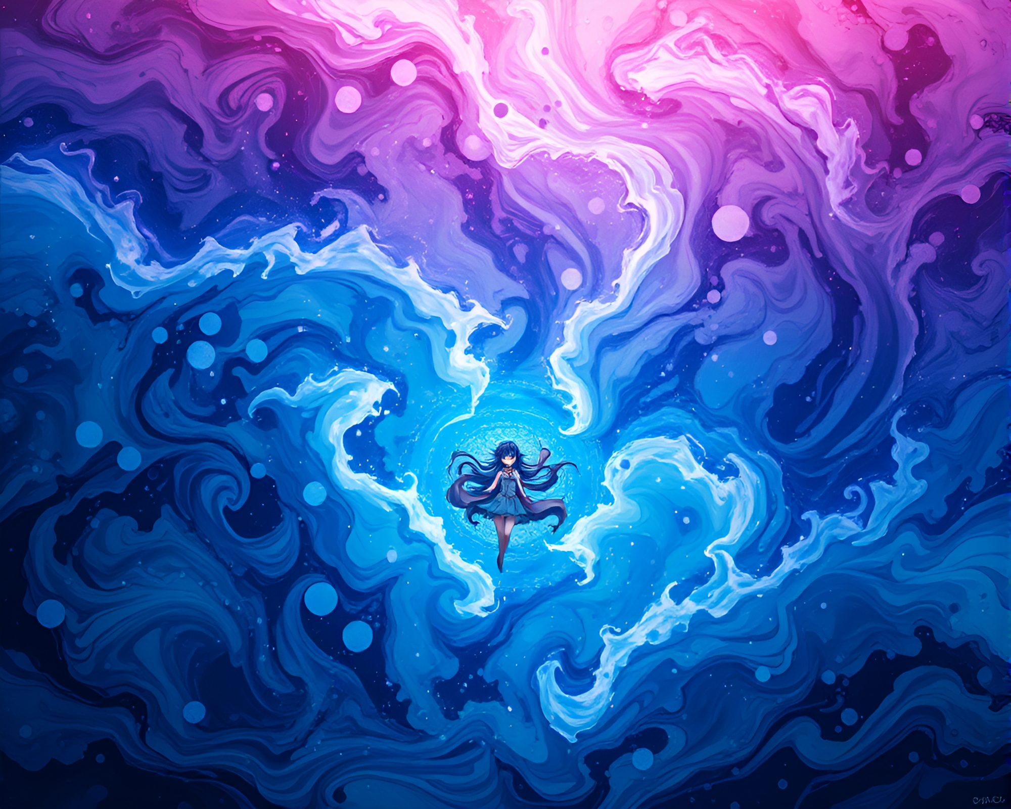 Gorgeous Anime Character Floating in Swirling Ink Ocean – free AI stock image