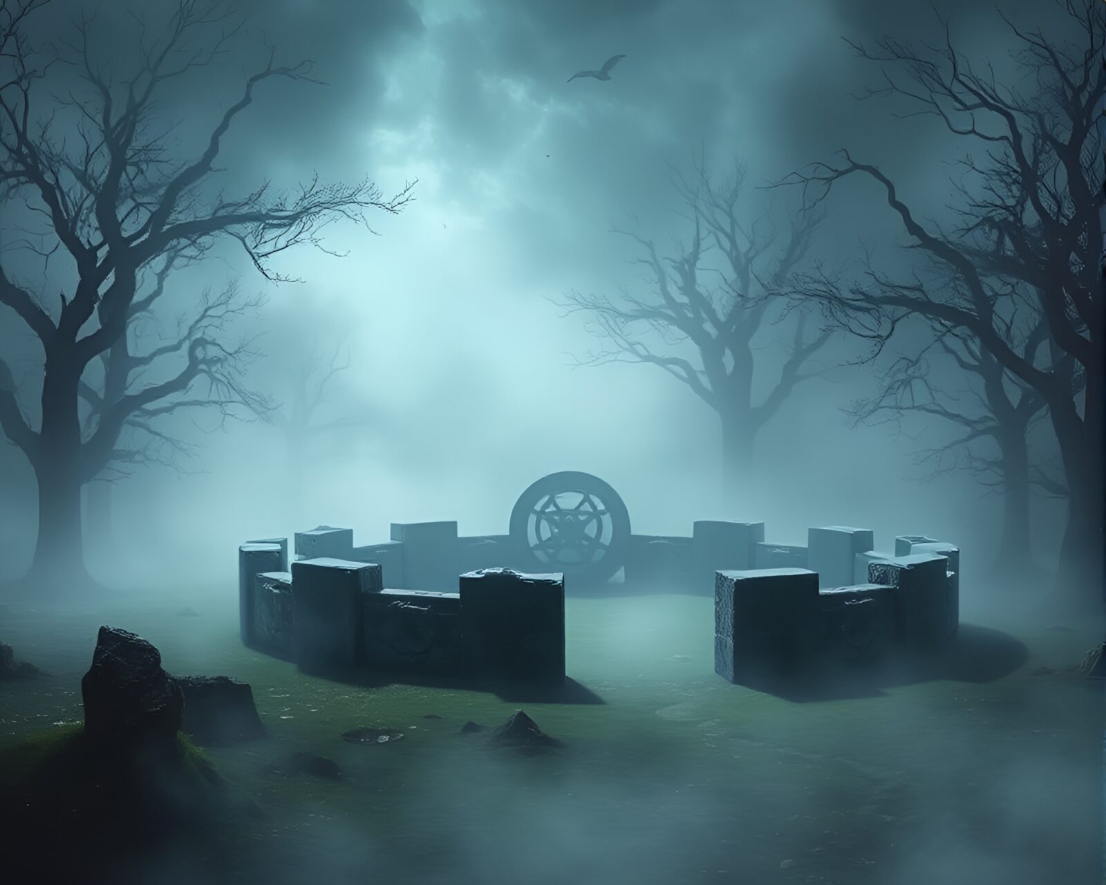 Ethereal mist veils ancient stone circle with symbolic markings