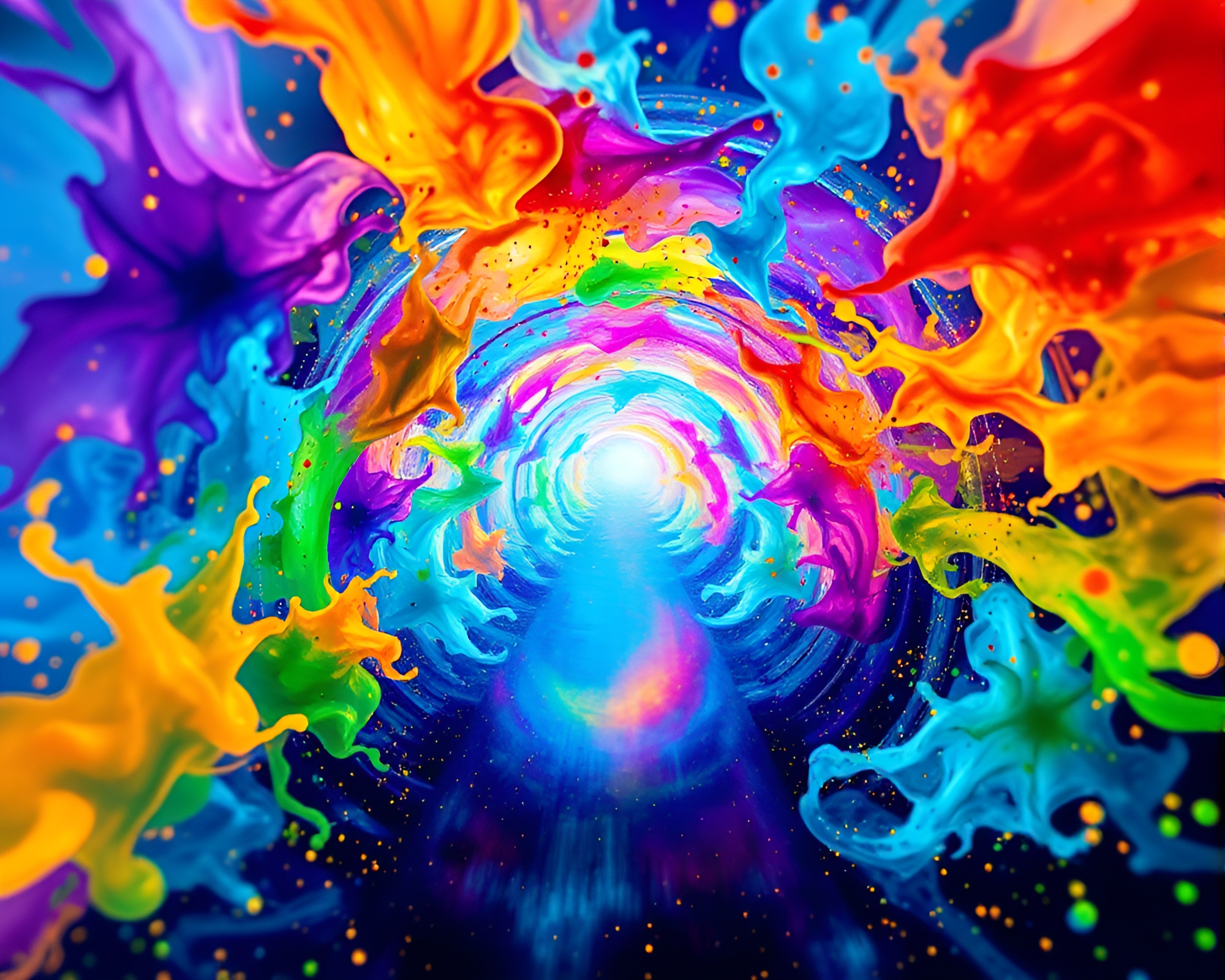 Mesmerizing Kinetic Light Tunnel Among Charged Watercolor Splashes – free AI stock image