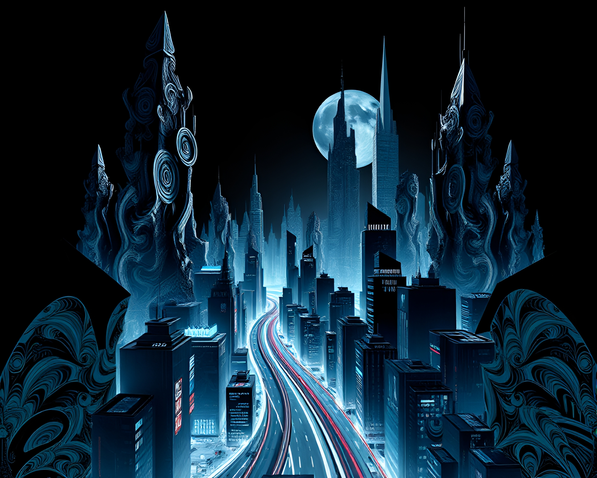 Futuristic Noir Cityscape: Fractal Patterns and Cubist Interpretation – free AI stock image
