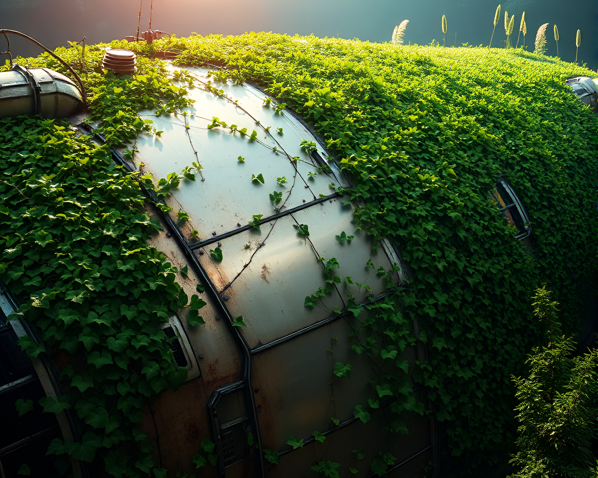 Vibrant Green Ivy Invades Majestic Spaceship Hull – free AI stock image