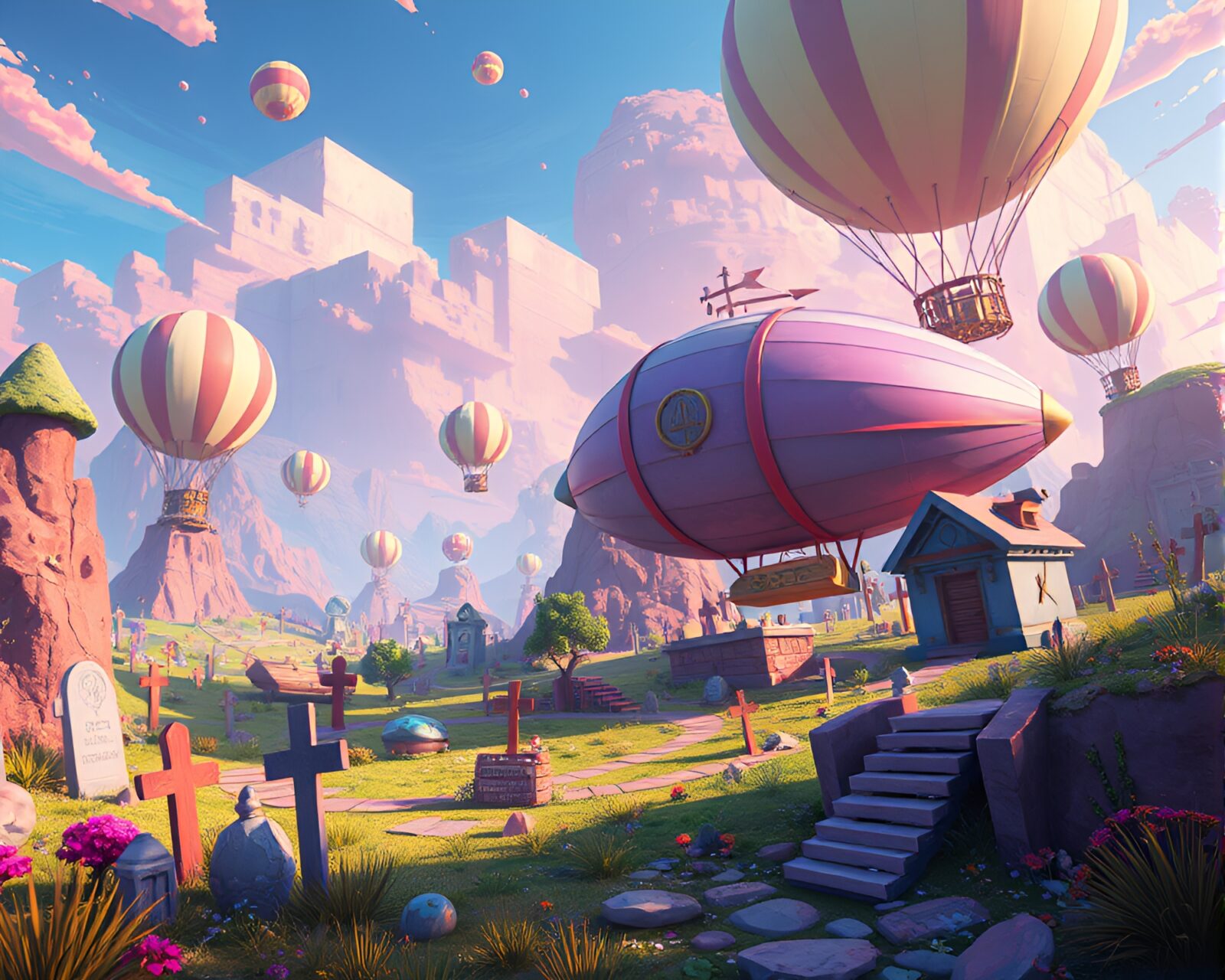 Playful and color-filled game scene in zeppelin graveyard