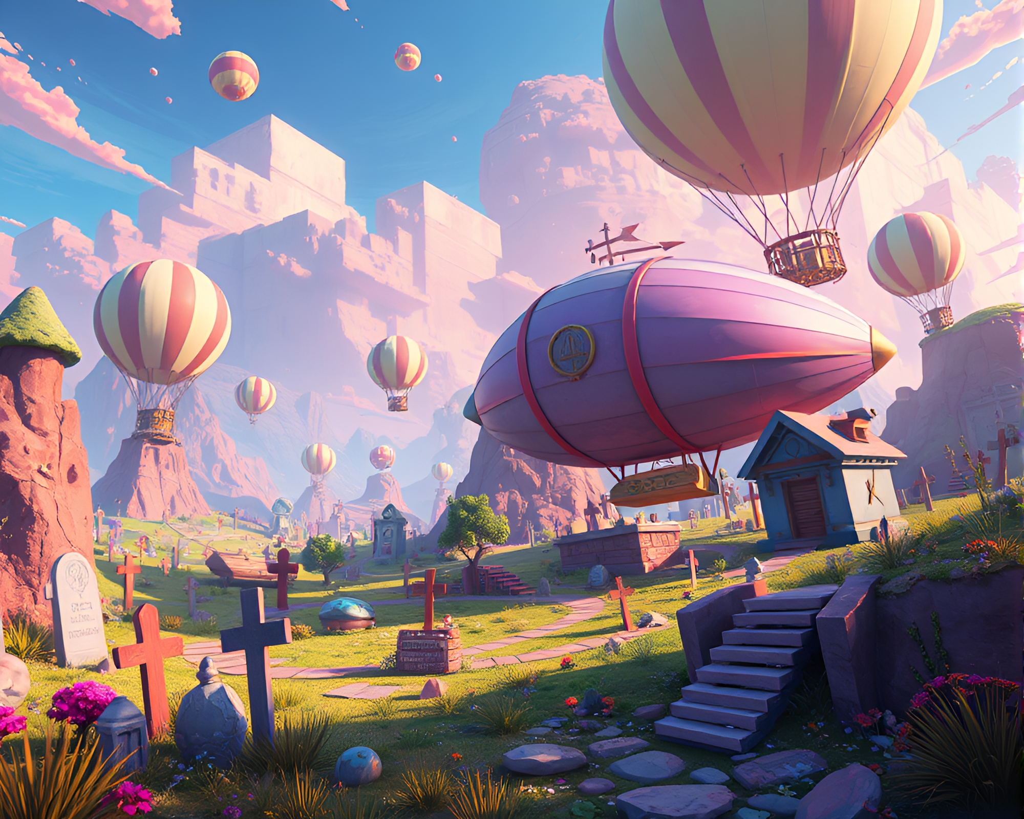 Surreal Zeppelin Graveyard Game Concept with Vibrant Colors – free AI stock image