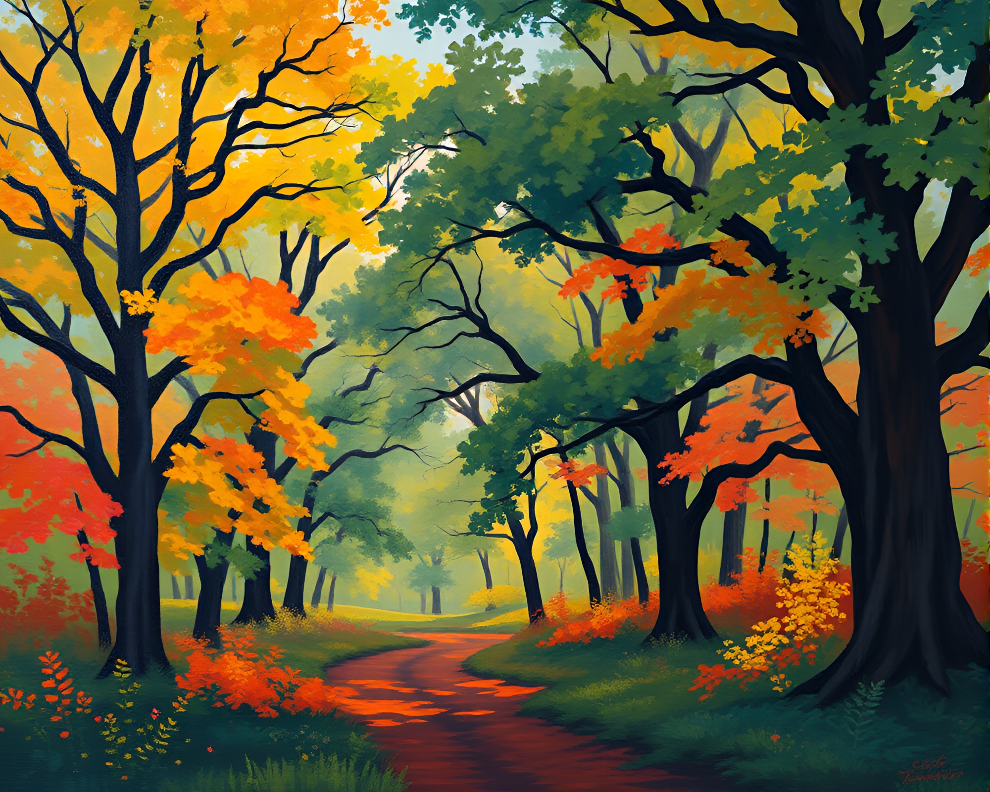 Vibrant Cubist Painting in Spectral Oak Forest – free AI stock image