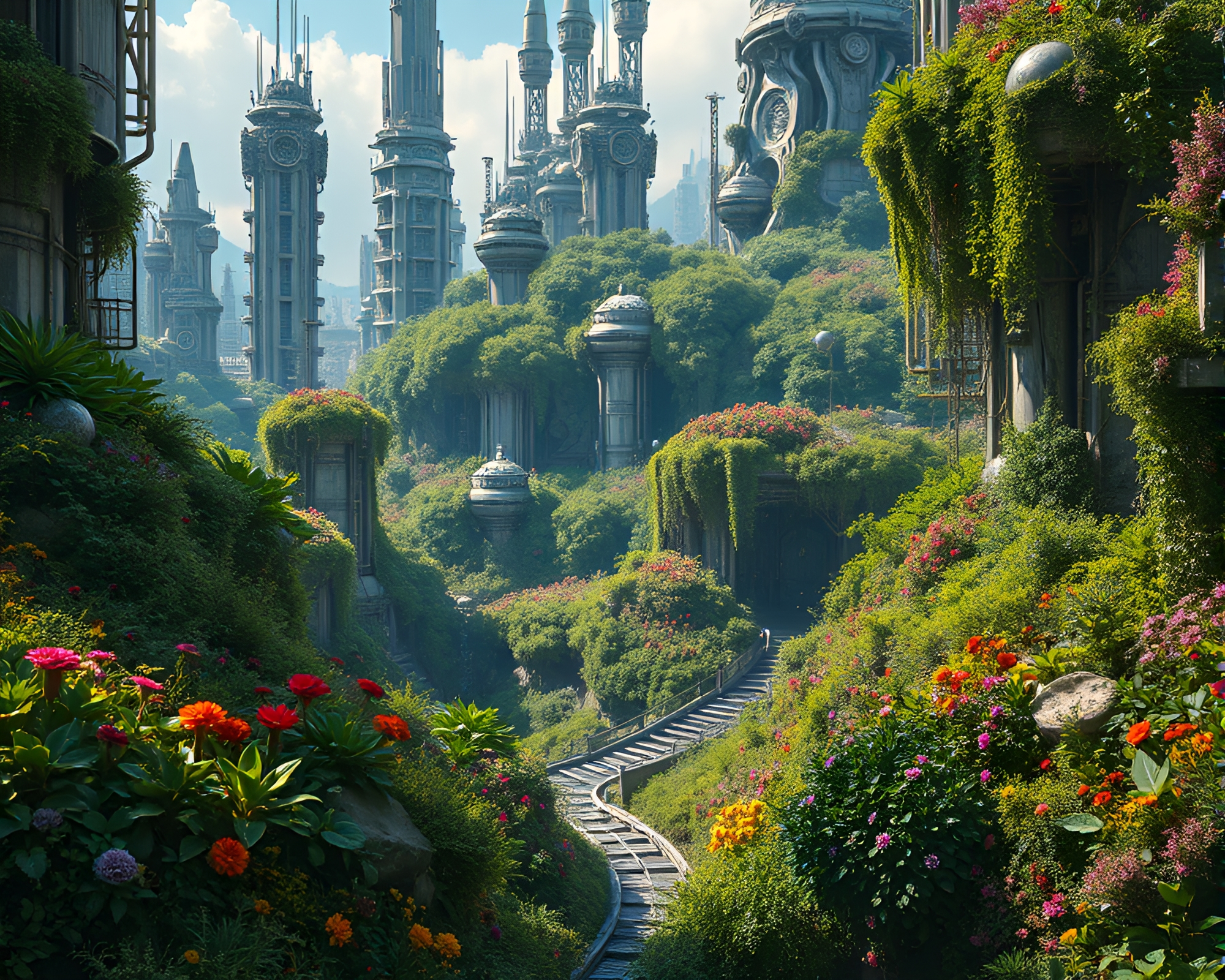 Post-Apocalyptic Futuristic City Overtaken by Botanical Overgrowth – free AI stock image