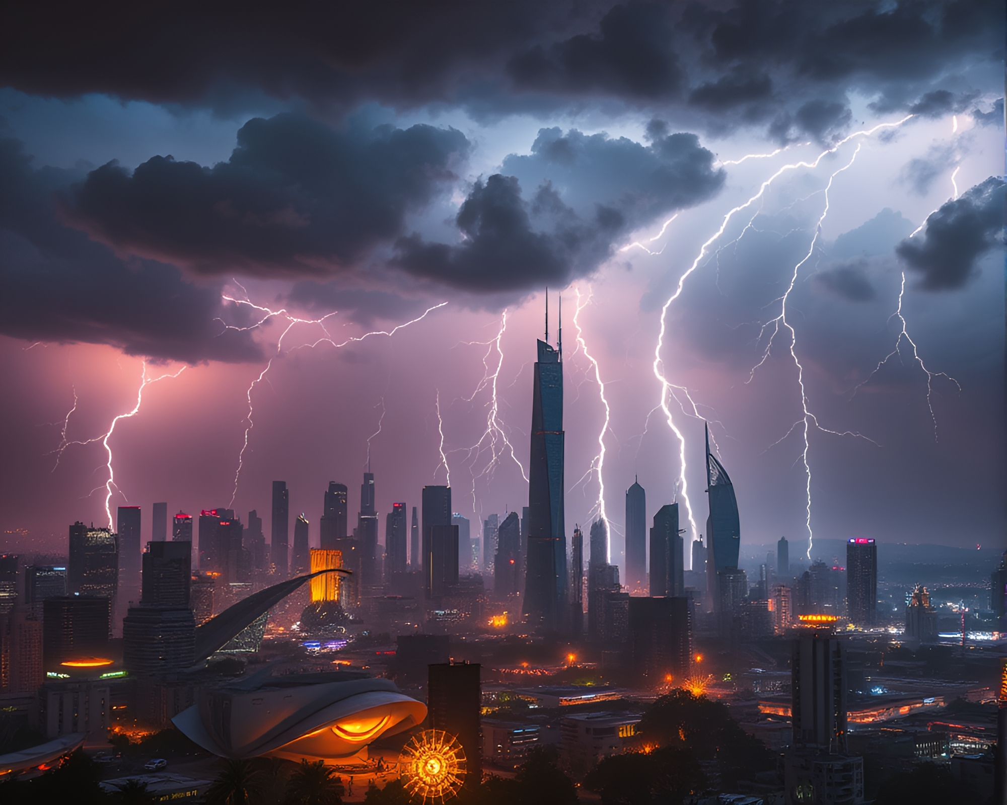 Futuristic Cityscape in Dramatic Lightning Storm – free AI stock image