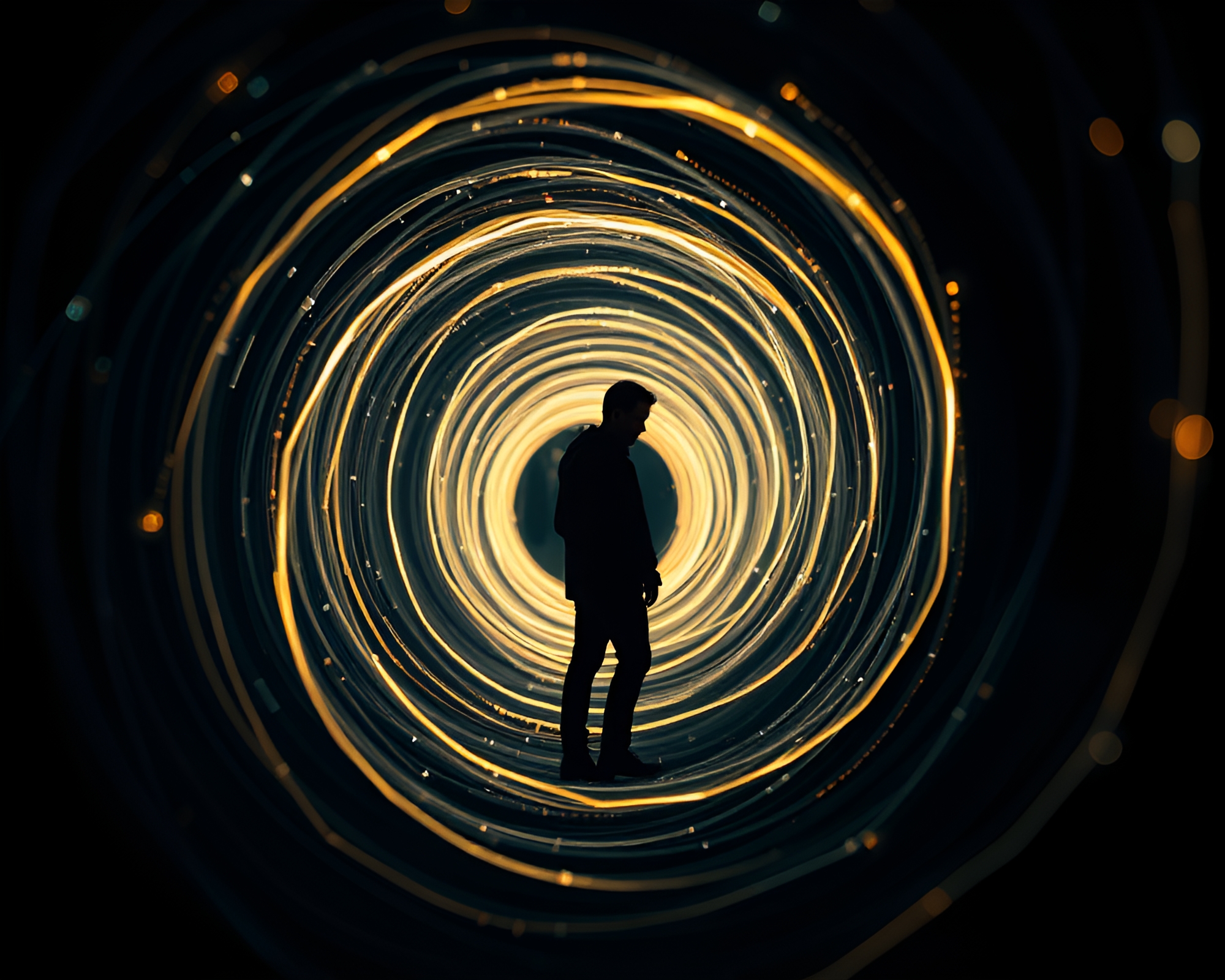 Kinetic Light Tunnel Casting Mesmerizing Silhouette Portrait – free AI stock image