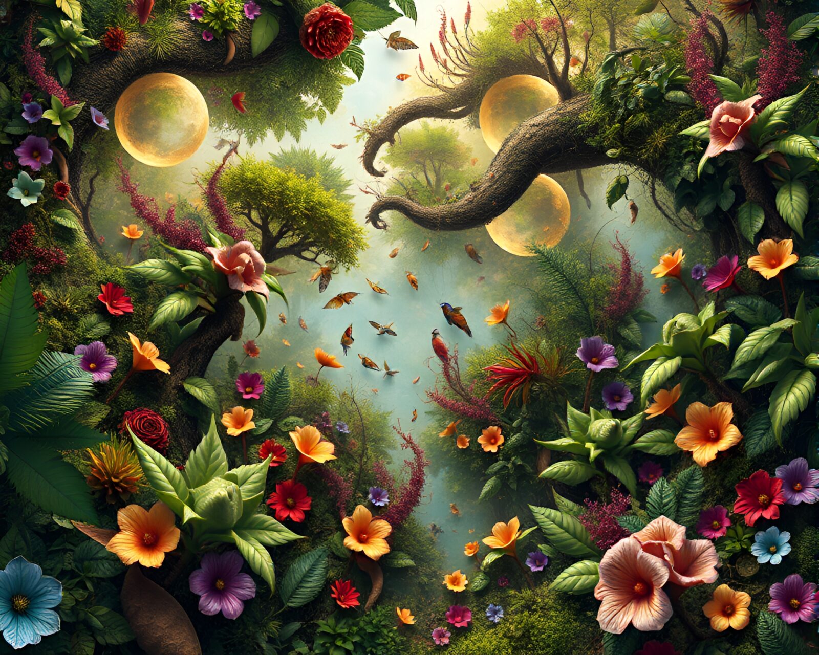 Intricate jungle filled with lush flora and embroidered patterns