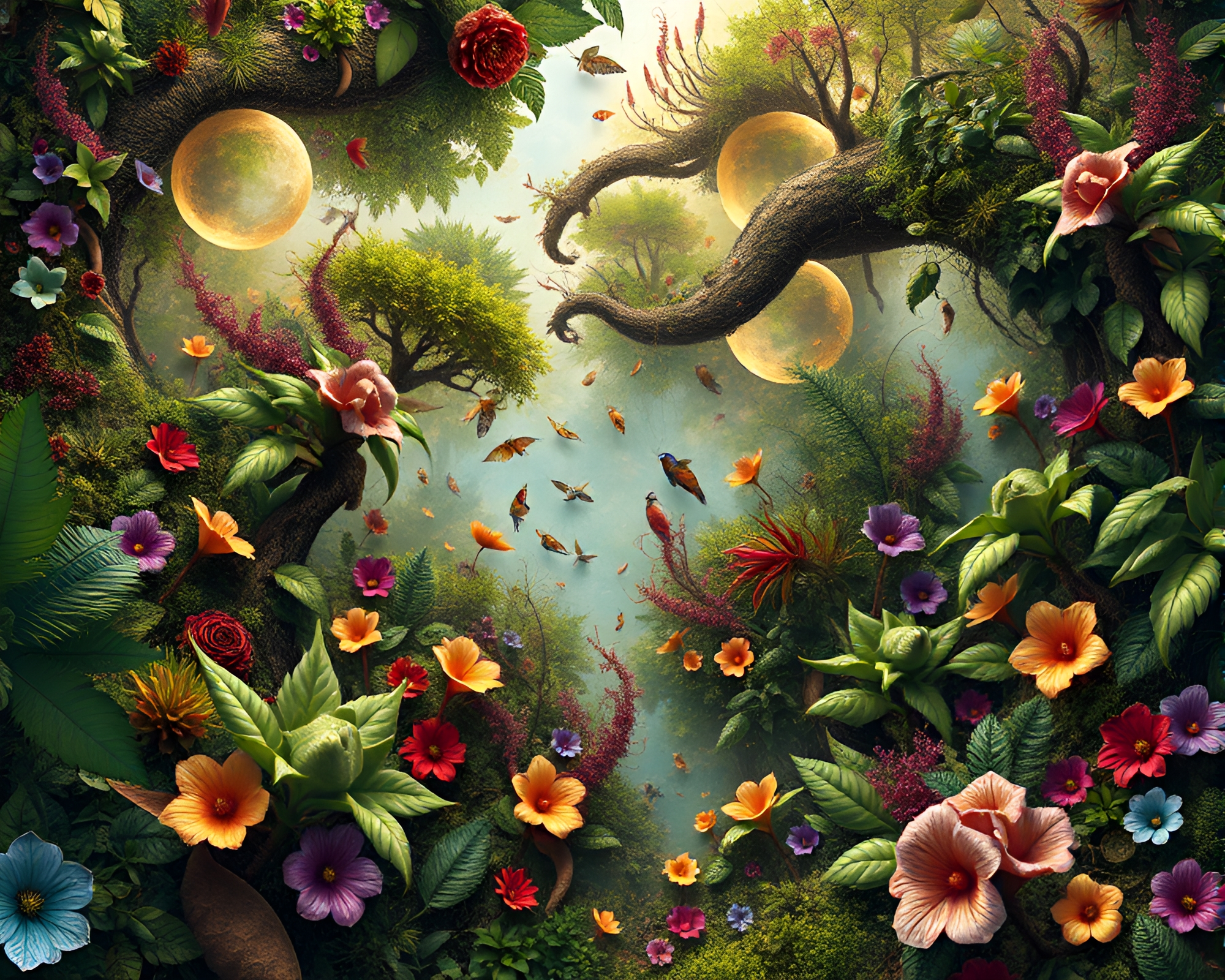 Mesmerizing Fractal Jungle Scene with Shimmering Embroidery – free AI stock image