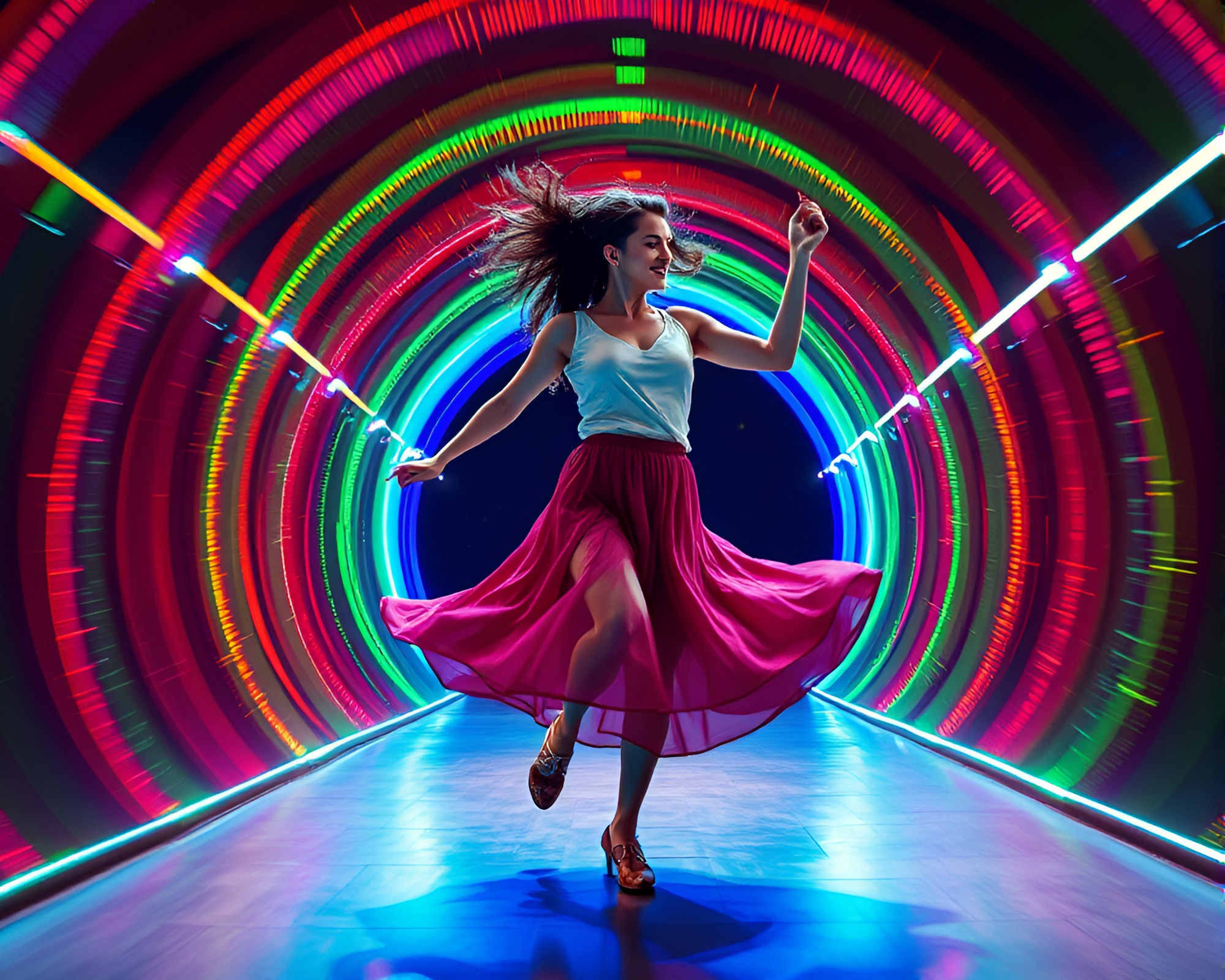 Vibrant Light Tunnel Surrounds Jubilant Dancer Portrait – free AI stock image