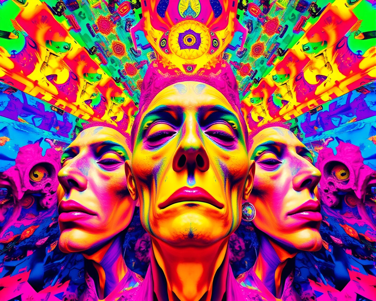 Colorful kaleidoscope world with distorted faces and abstract shapes