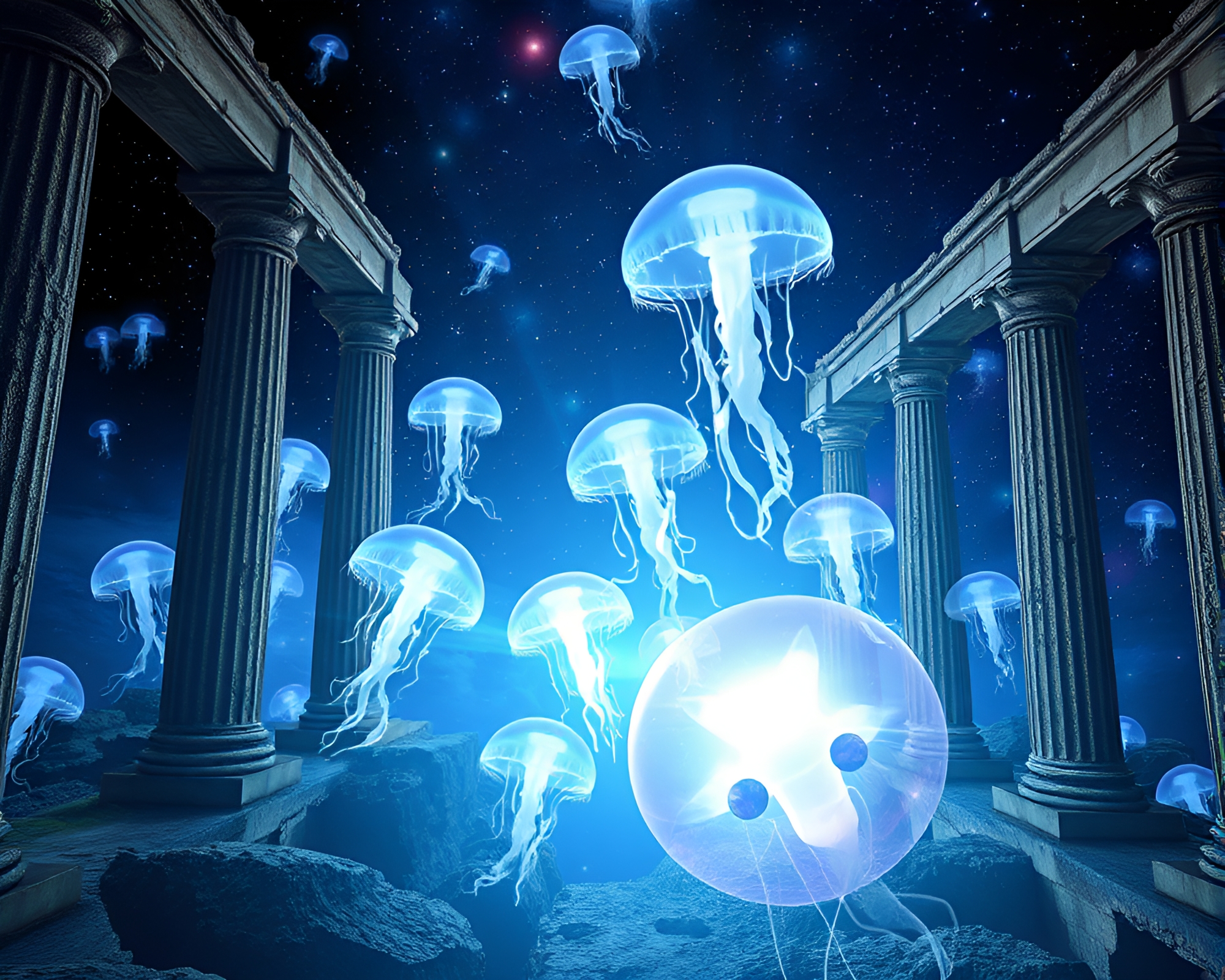 Enchanting Cosmic Jellyfish Swarm in Ancient Ruins – free AI stock image