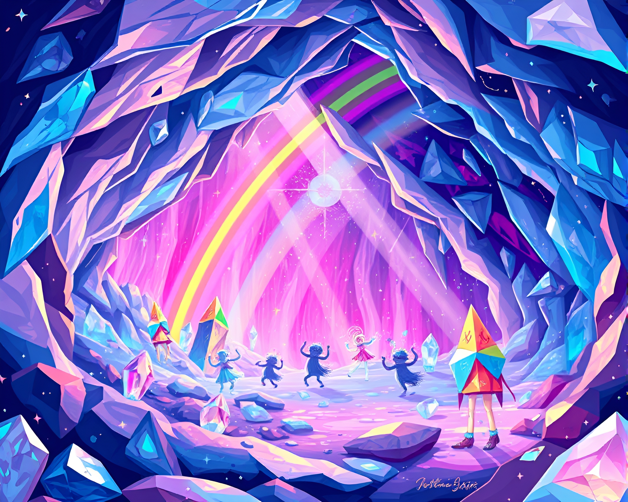 Enchanting Ice Cavern with Dancing Crystal Creatures – free AI stock image