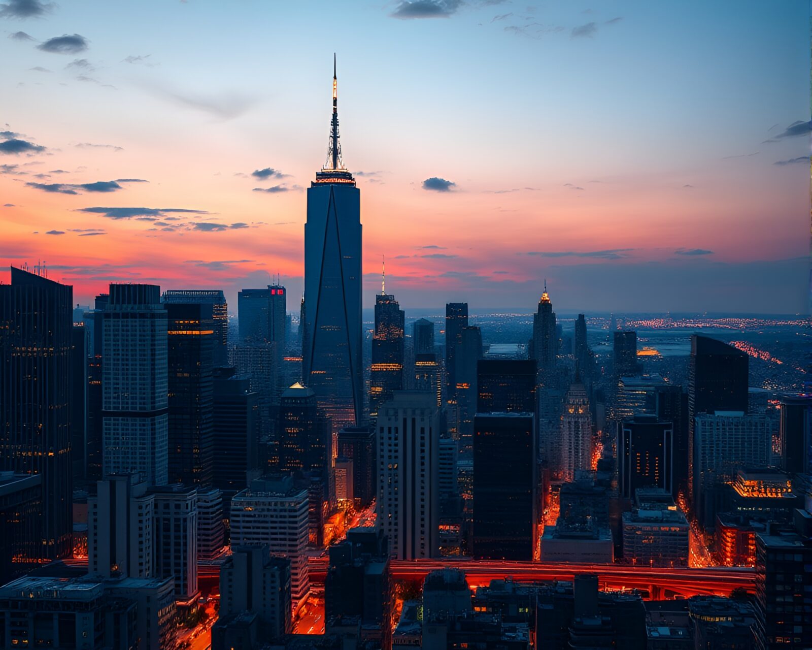 A mesmerizing cityscape at dusk with tall skyscrapers and city lights