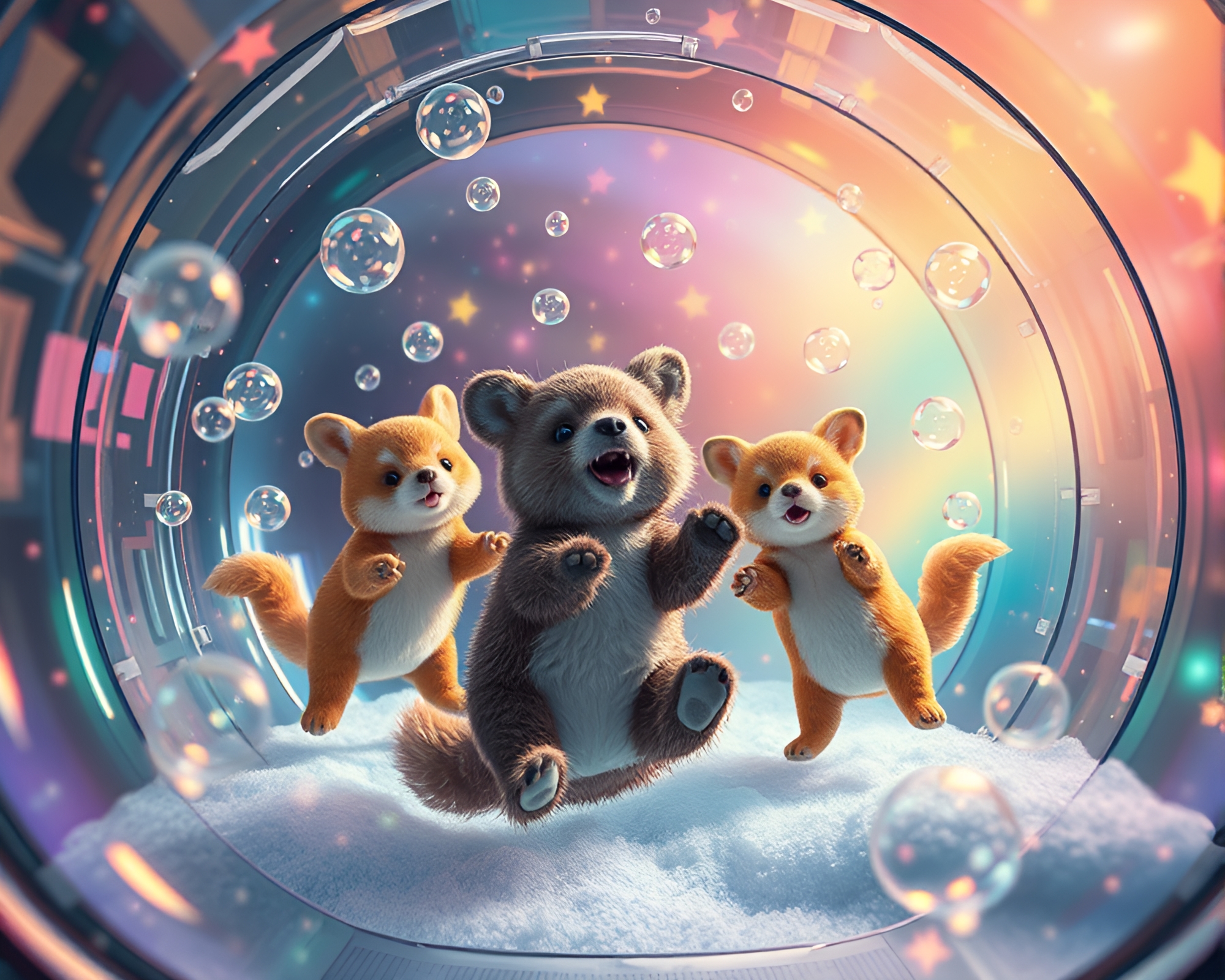 Whimsical Anthropomorphic Animals Play in Zero-Gravity Landscape – free AI stock image