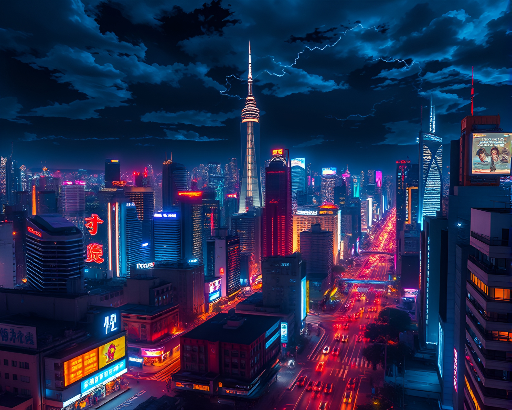 Neon-lit Anime Cityscape in Time-Lapse Motion – free AI stock image