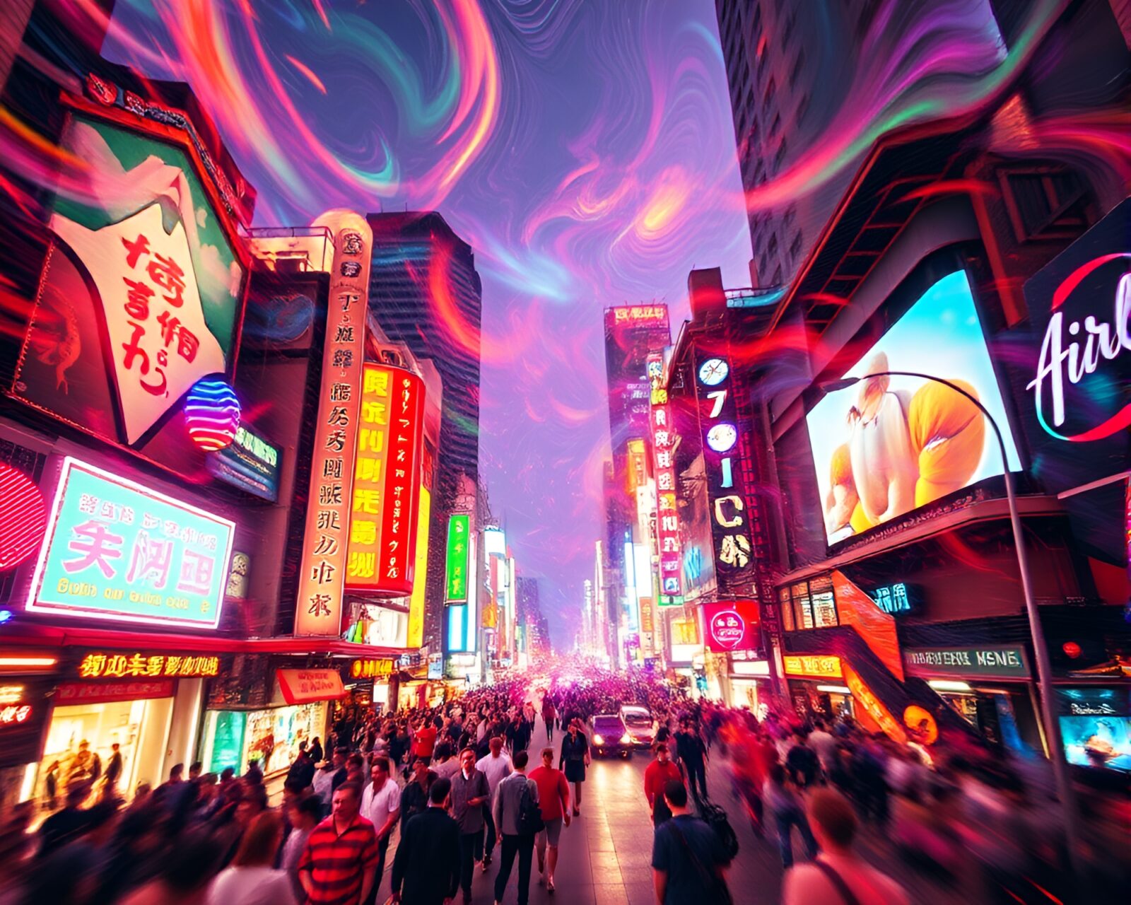 Dreamlike city streets with neon lights and vivid colors