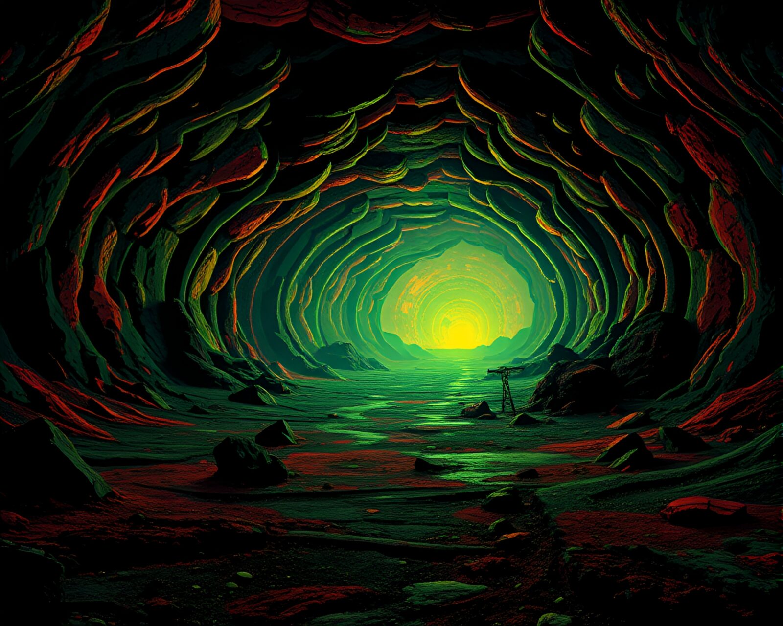 Pixelated depiction of desolate radioactive wasteland in glitch art style