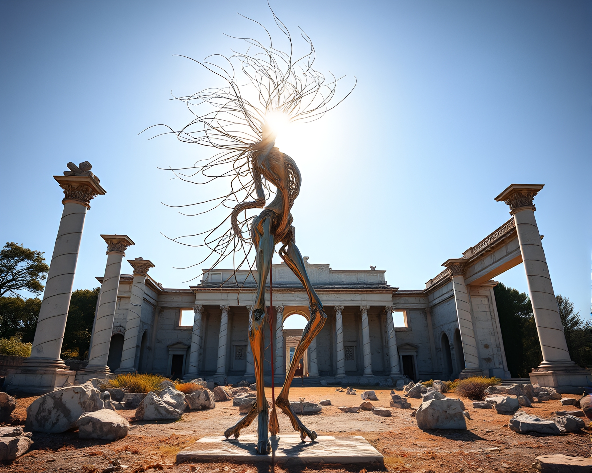 Elegant Kinetic Sculpture in Sunlit Marble Palace Ruins – free AI stock image