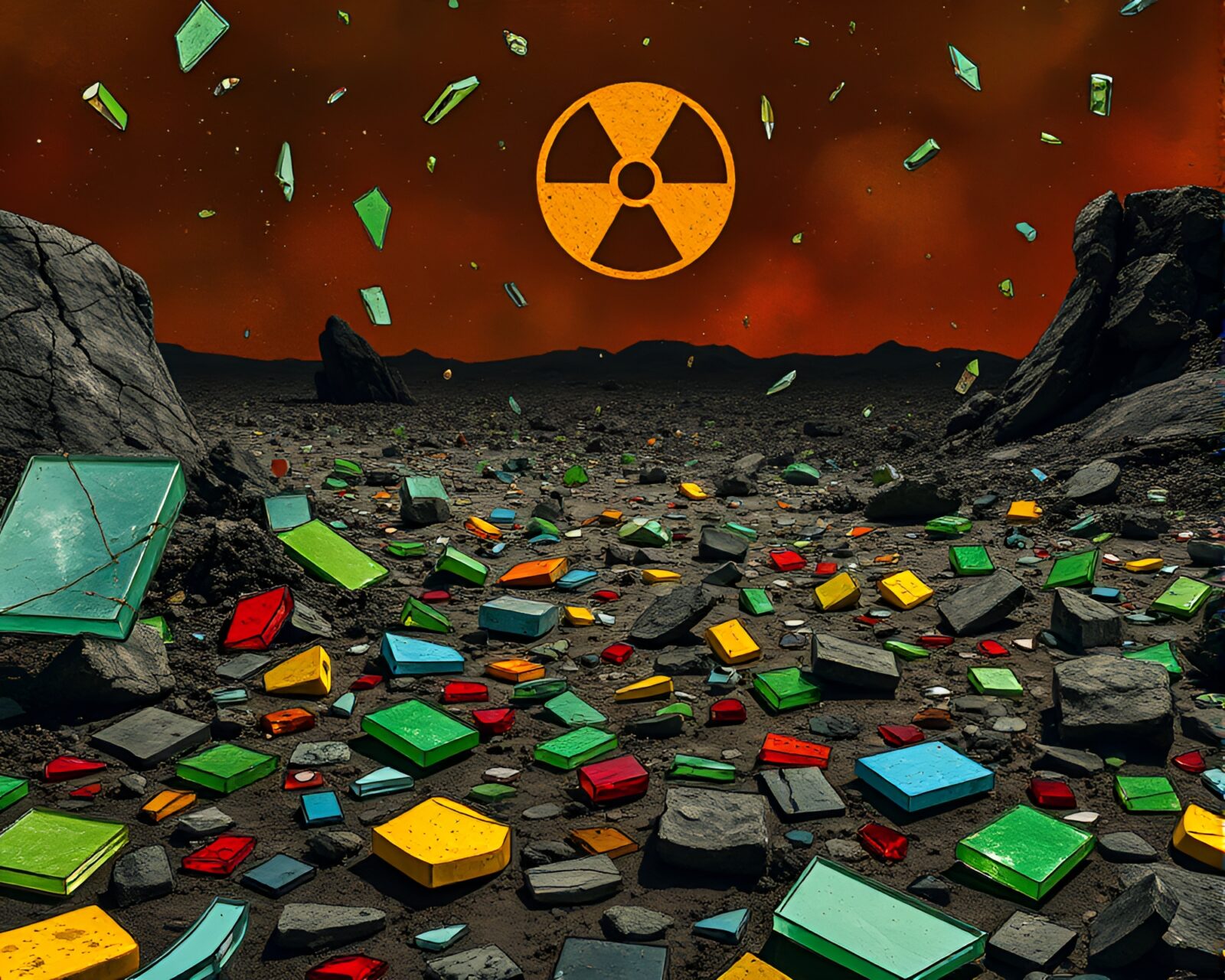 Desolate wasteland with reflected destruction through stained glass shards