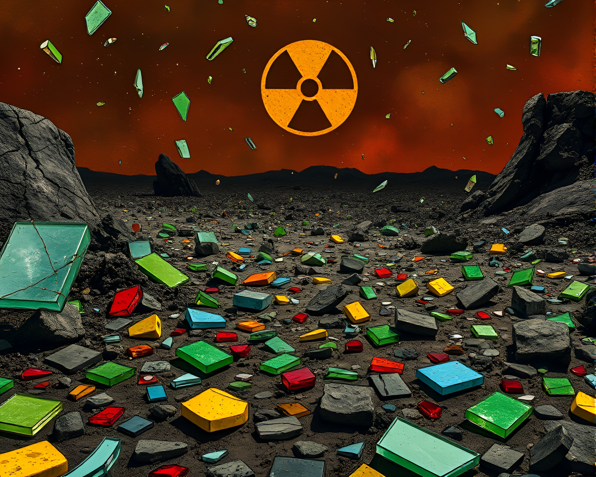 Apocalyptic wasteland with shattered stained glass remnants – free AI stock image
