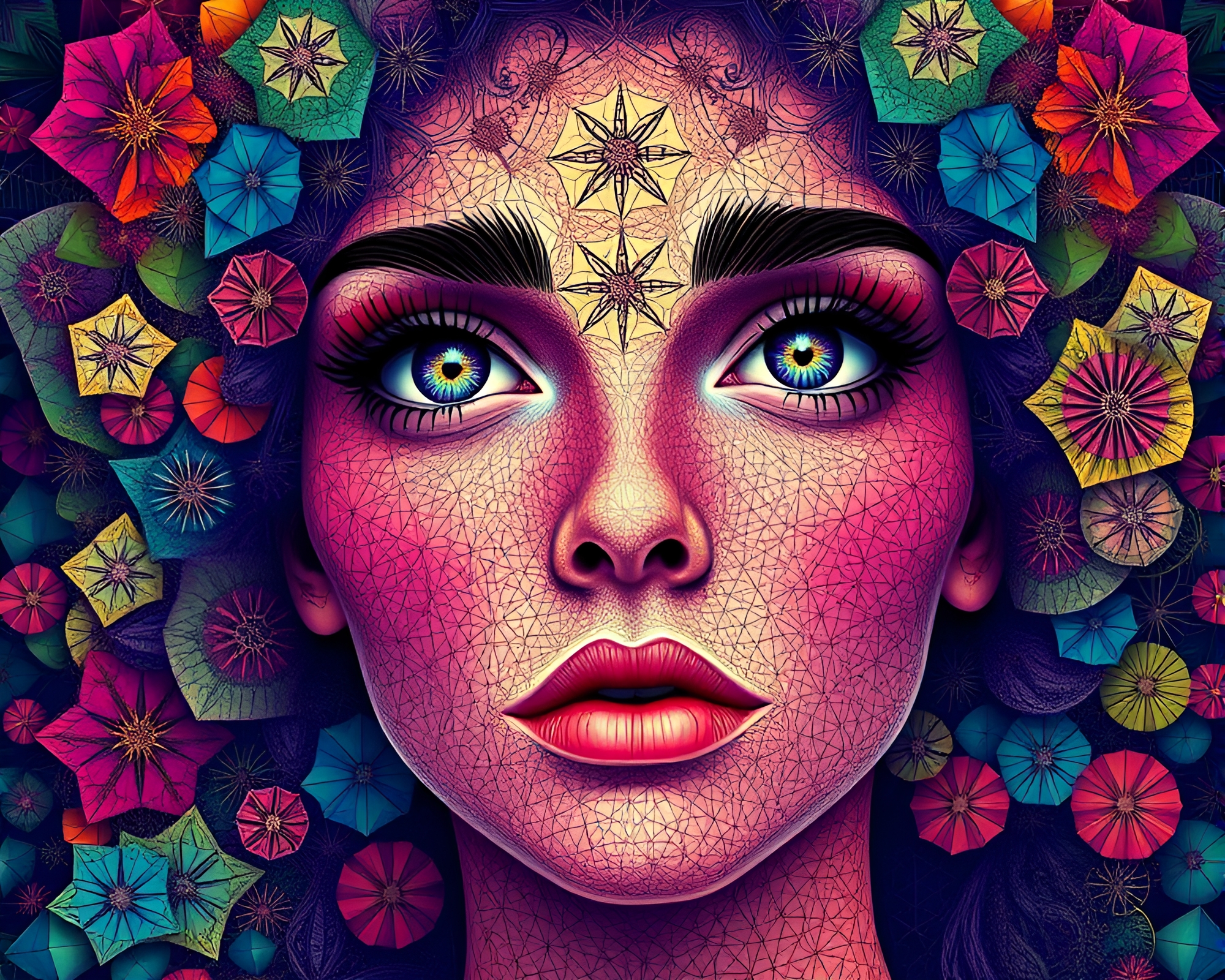 Vibrant Fractal Geometry Portrait Creates Mesmerizing Visual – free AI stock image