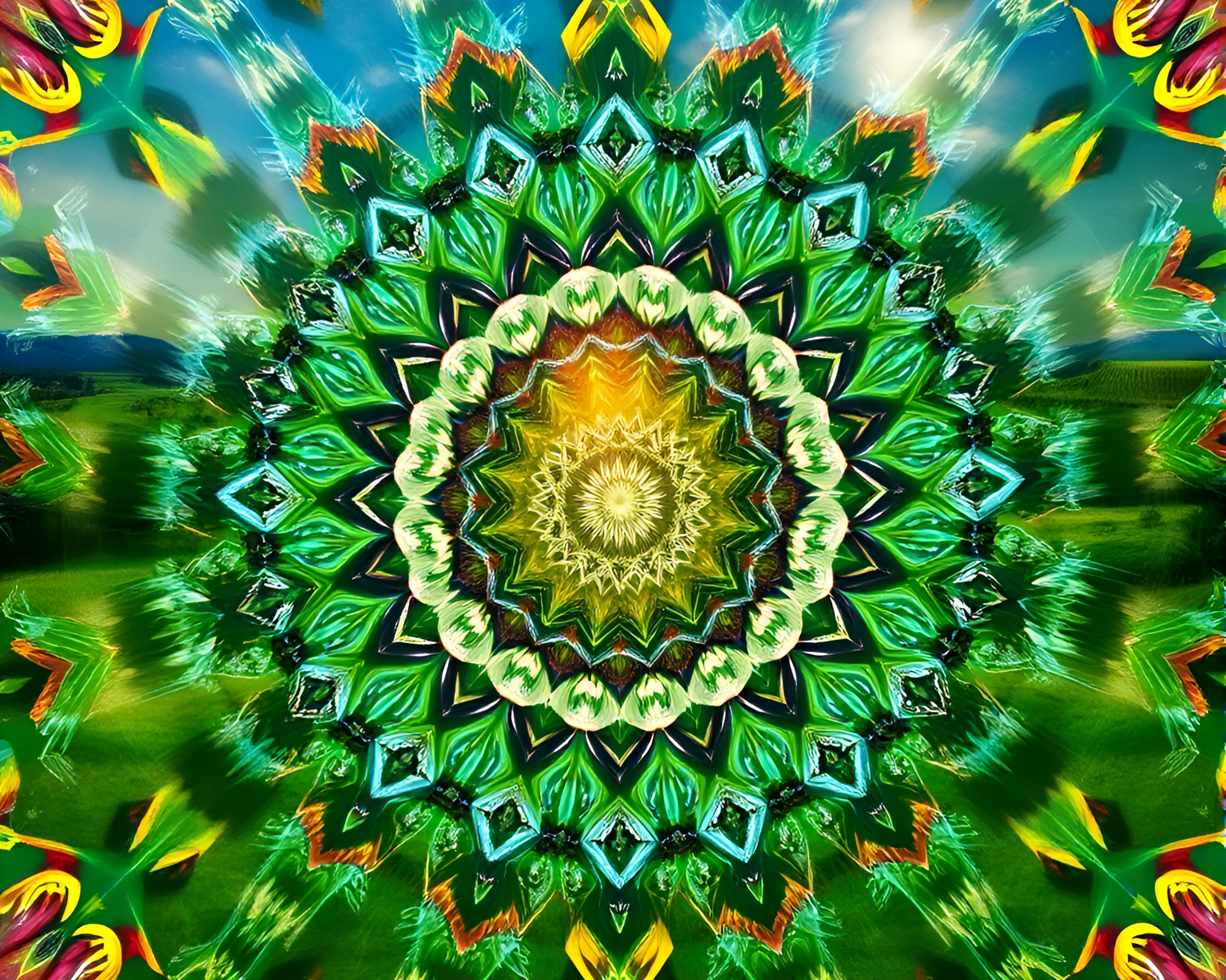 Mesmerizing Kaleidoscopic Dimension Unfolds in Pastoral Setting – free AI stock image