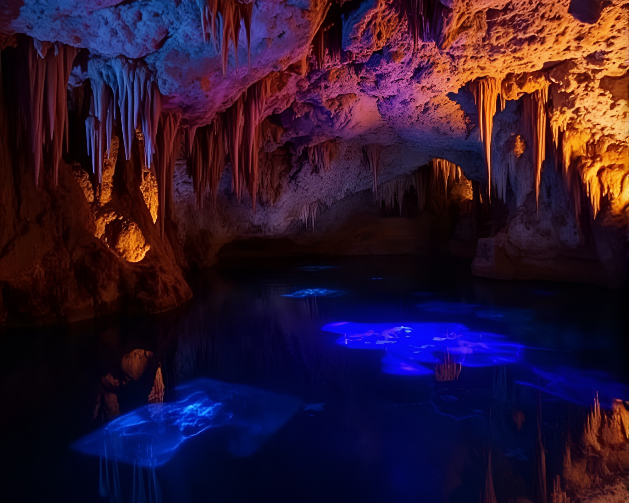 Mesmerizing Crystal Lake in Eerie Cave Atmosphere – free AI stock image