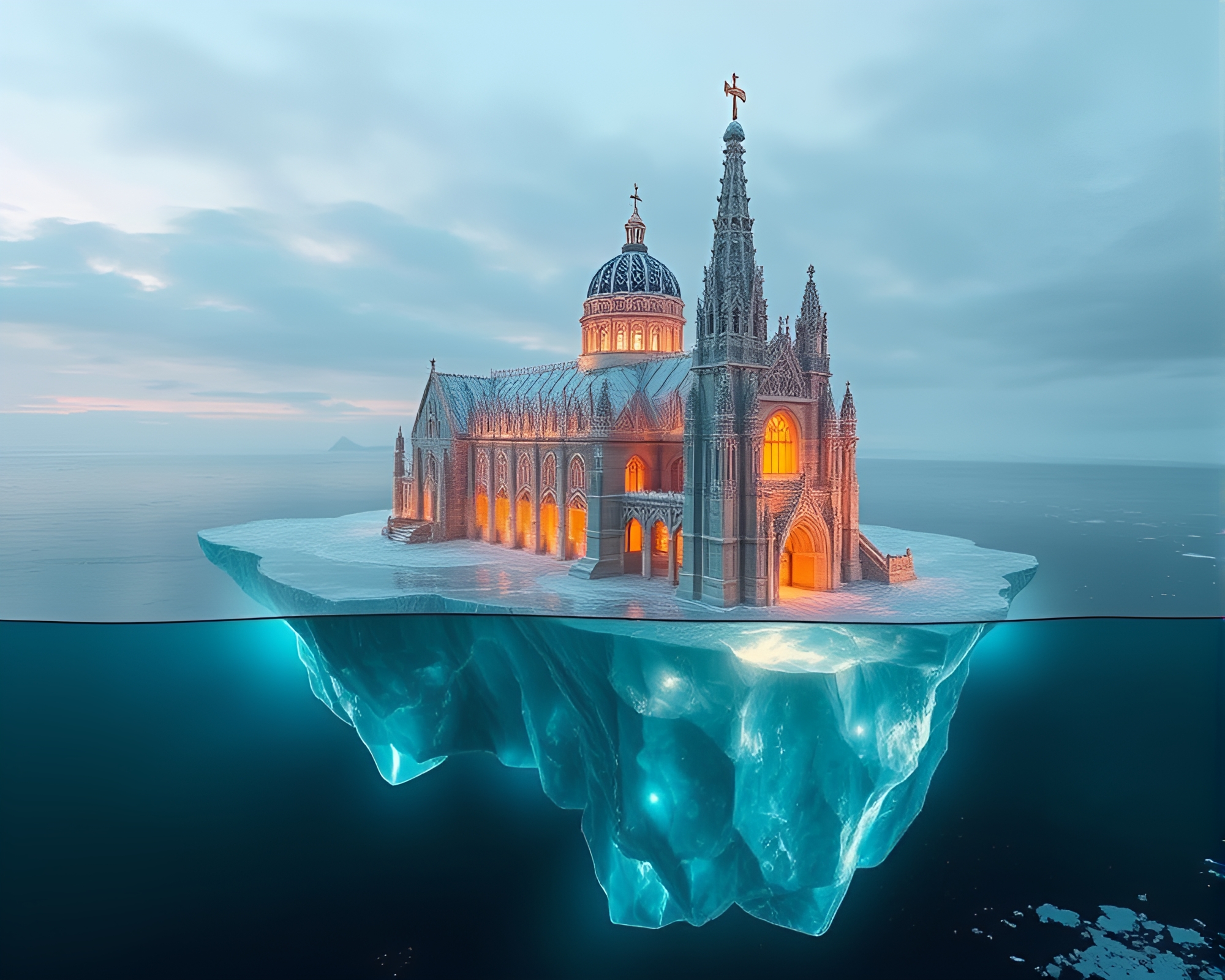 Enchanting Iceberg Cathedral Glowing in Ethereal Light – free AI stock image