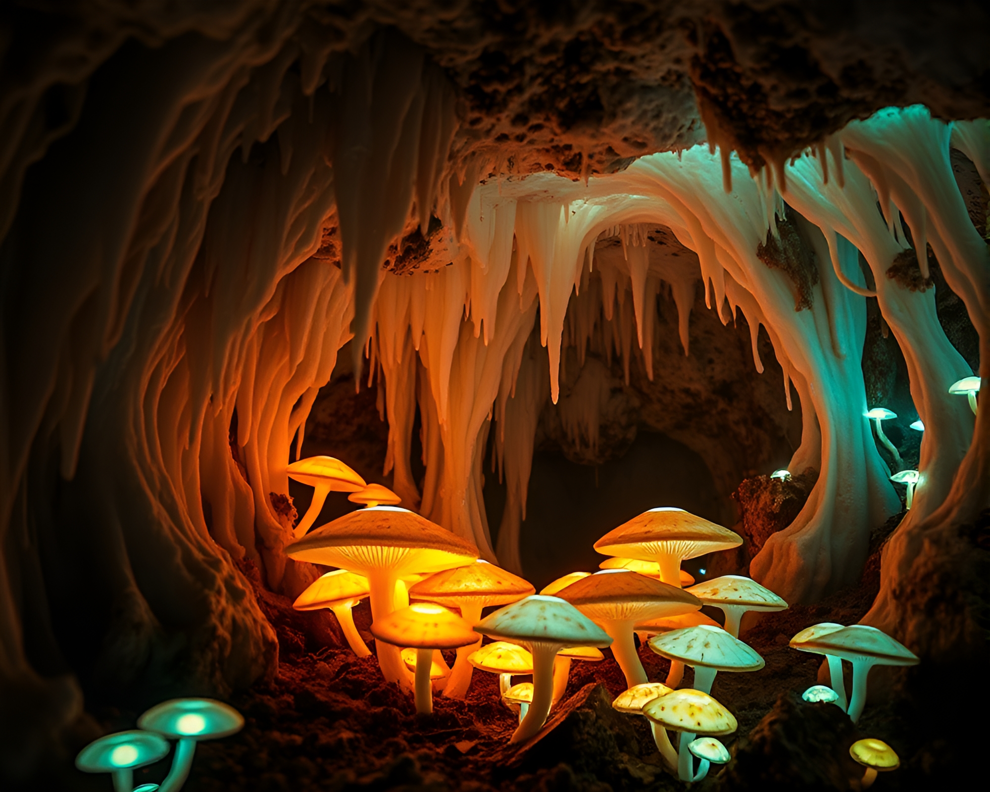 Enchanting Glowing Mushroom Cavern Illuminates with Surreal Light – free AI stock image