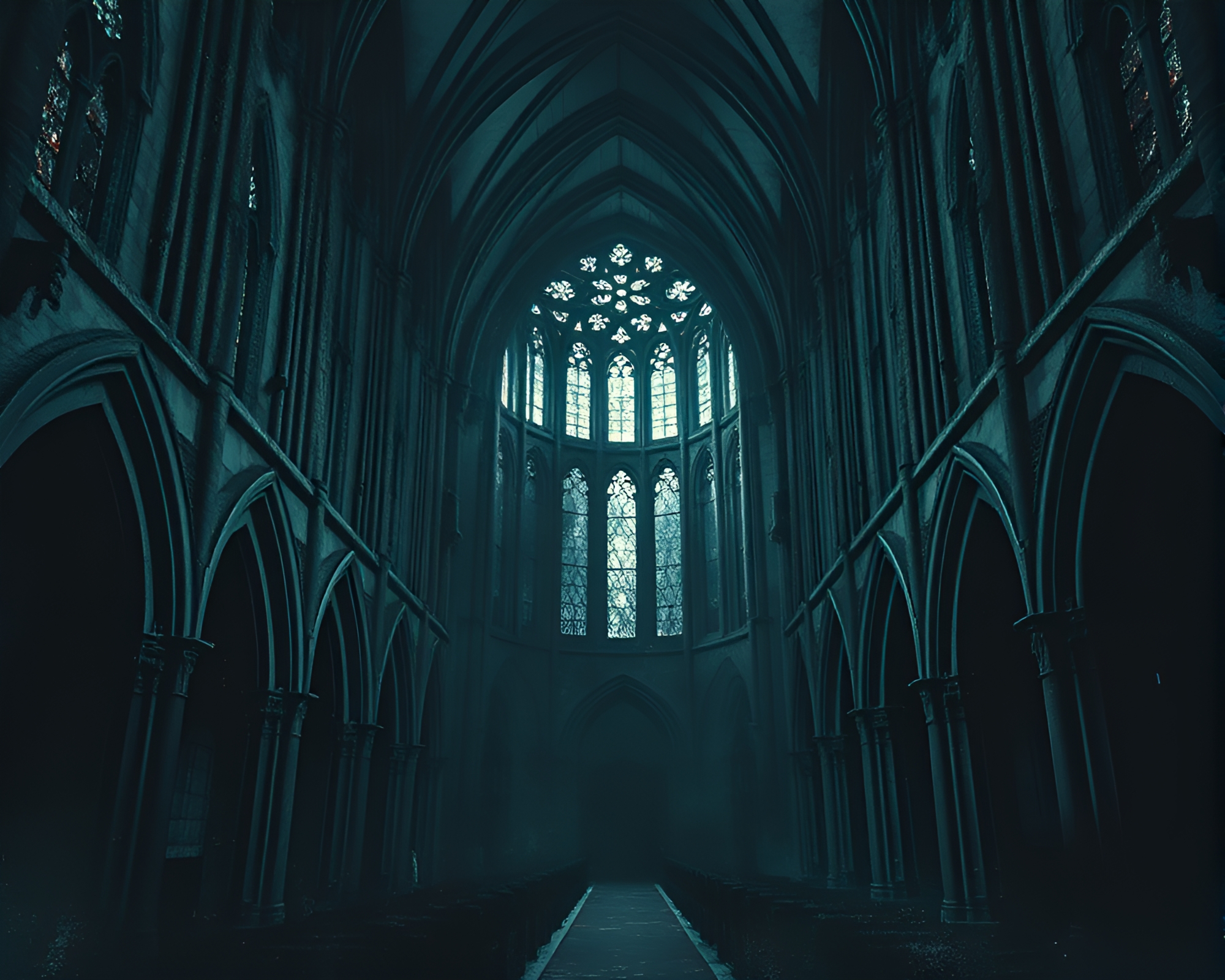 Eerie Gothic Cathedral Interior with Apocalyptic Impressionism – free AI stock image