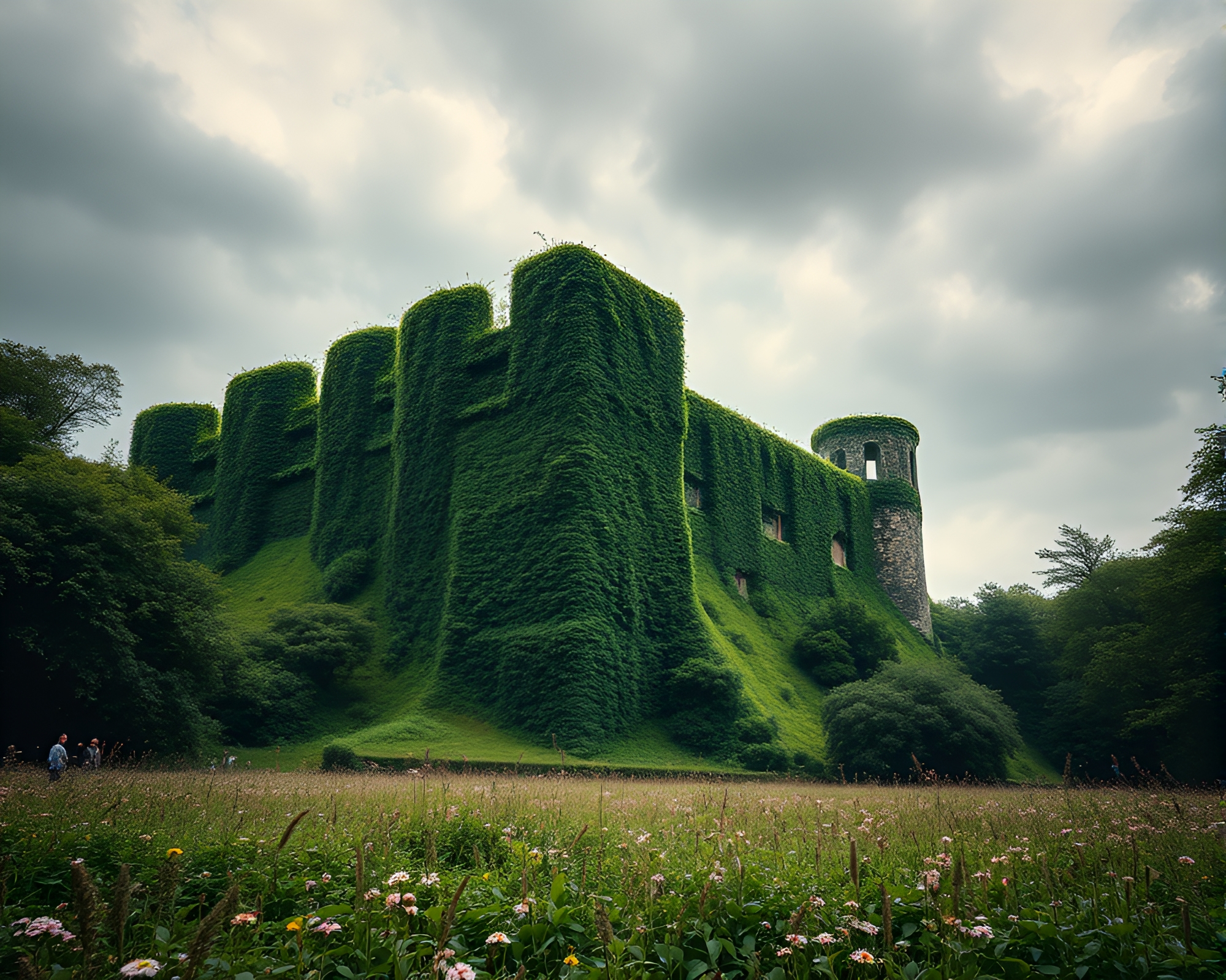 Enchanting Ivy-Wrapped Fortress in A Static Fashion Field – free AI stock image