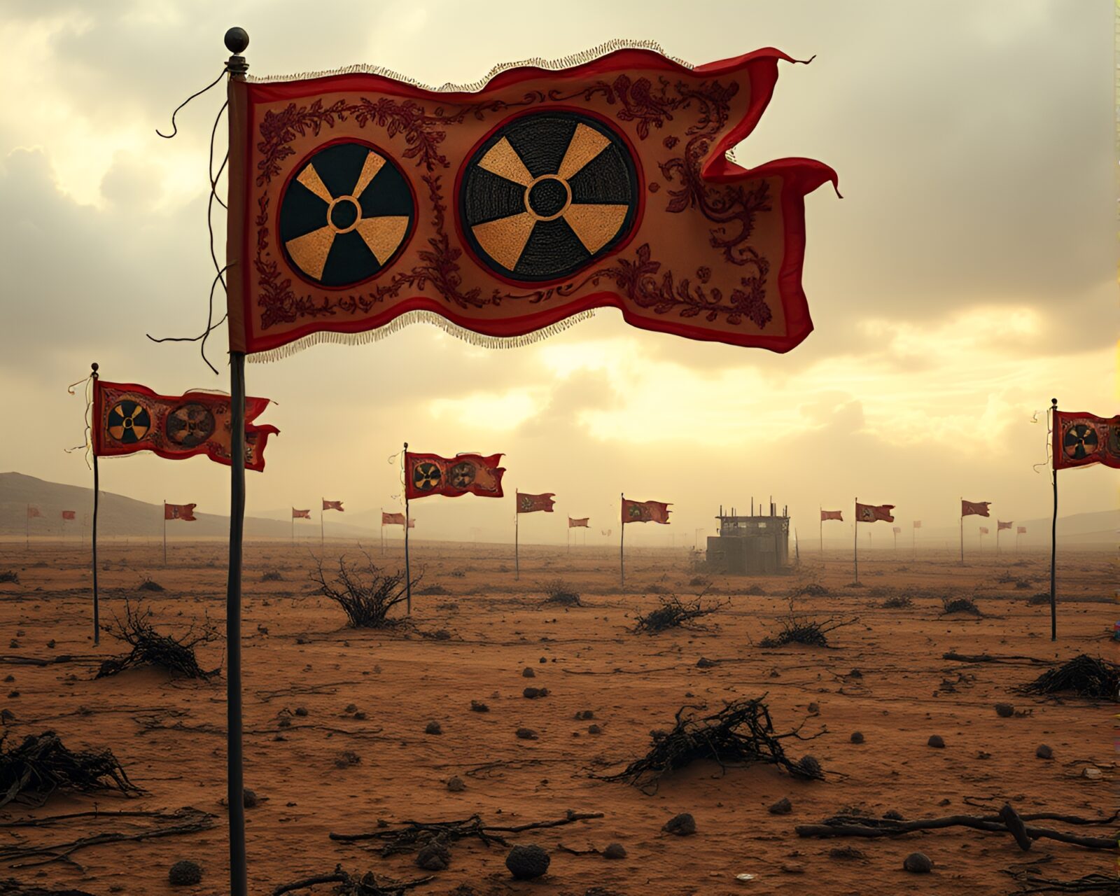 Eerie embroidery on radioactive wasteland flags fluttering in toxic wind