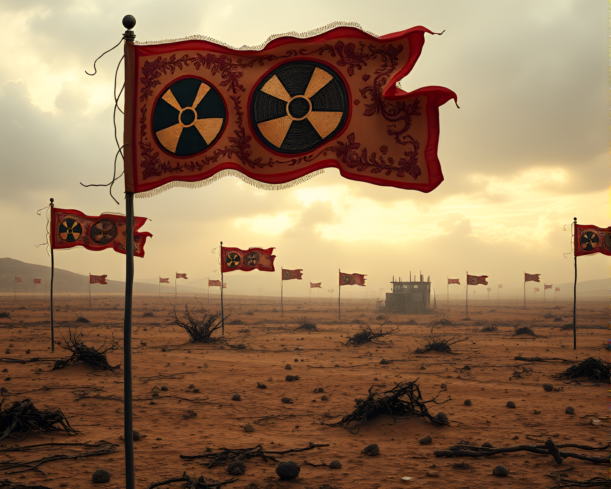 Hauntingly Beautiful Radioactive Wasteland with Embroidered Flags – free AI stock image